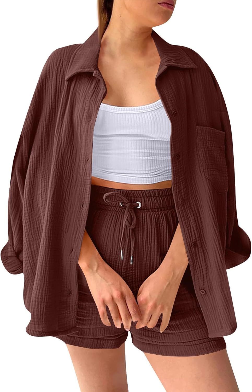 Two Piece Women's Elegant Summer Muslin Blouse Shirt and Shorts Clothes Aesthetic Two Piece Lounge Set Beach Outfit Set Two Piece Set Women Fashion Lightweight Outfits Clothing 2-Piece Set Y2k Clothes