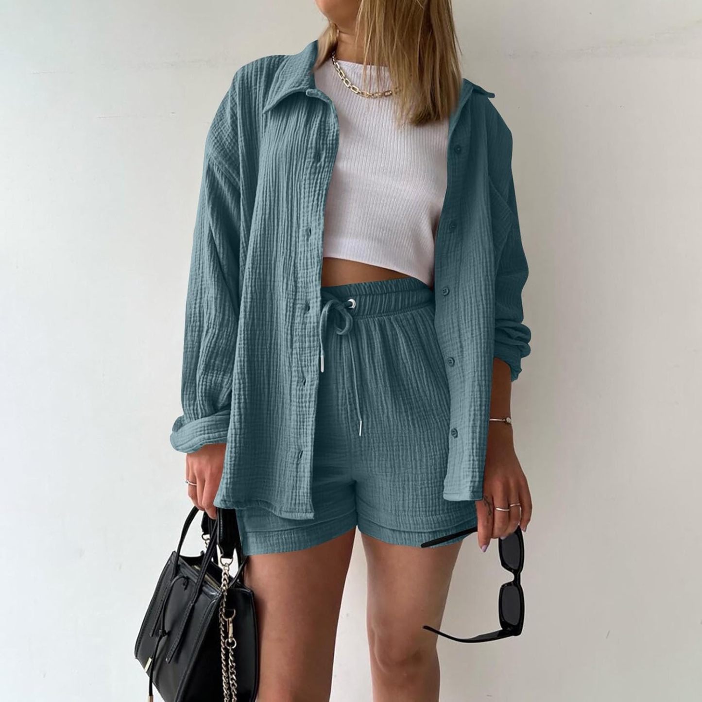 Two Piece Women's Elegant Summer Muslin Blouse Shirt and Shorts Clothes Aesthetic Two Piece Lounge Set Beach Outfit Set Two Piece Set Women Fashion Lightweight Outfits Clothing 2-Piece Set Y2k Clothes