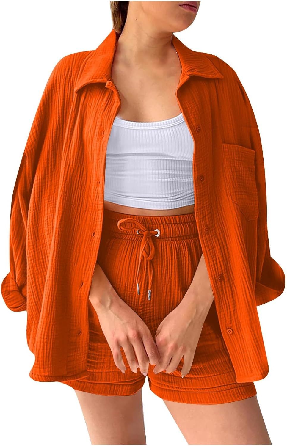 Two Piece Women's Elegant Summer Muslin Blouse Shirt and Shorts Clothes Aesthetic Two Piece Lounge Set Beach Outfit Set Two Piece Set Women Fashion Lightweight Outfits Clothing 2-Piece Set Y2k Clothes