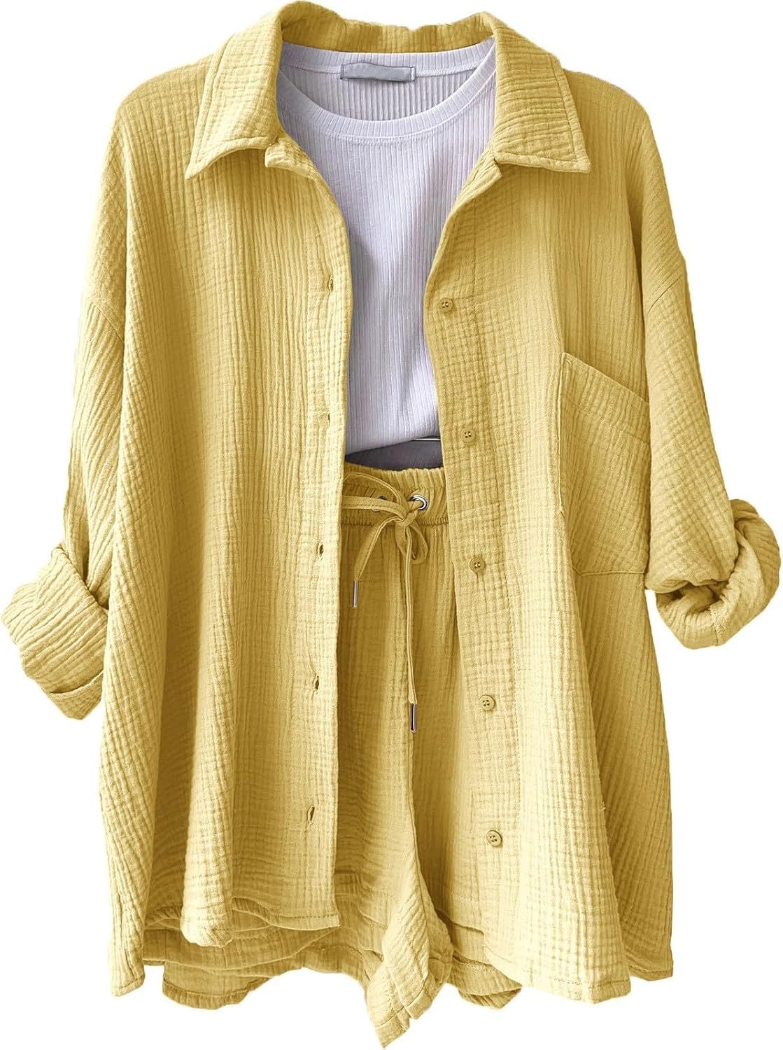 Two Piece Women's Elegant Summer Muslin Blouse Shirt and Shorts Clothes Aesthetic Two Piece Lounge Set Beach Outfit Set Two Piece Set Women Fashion Lightweight Outfits Clothing 2-Piece Set Y2k Clothes