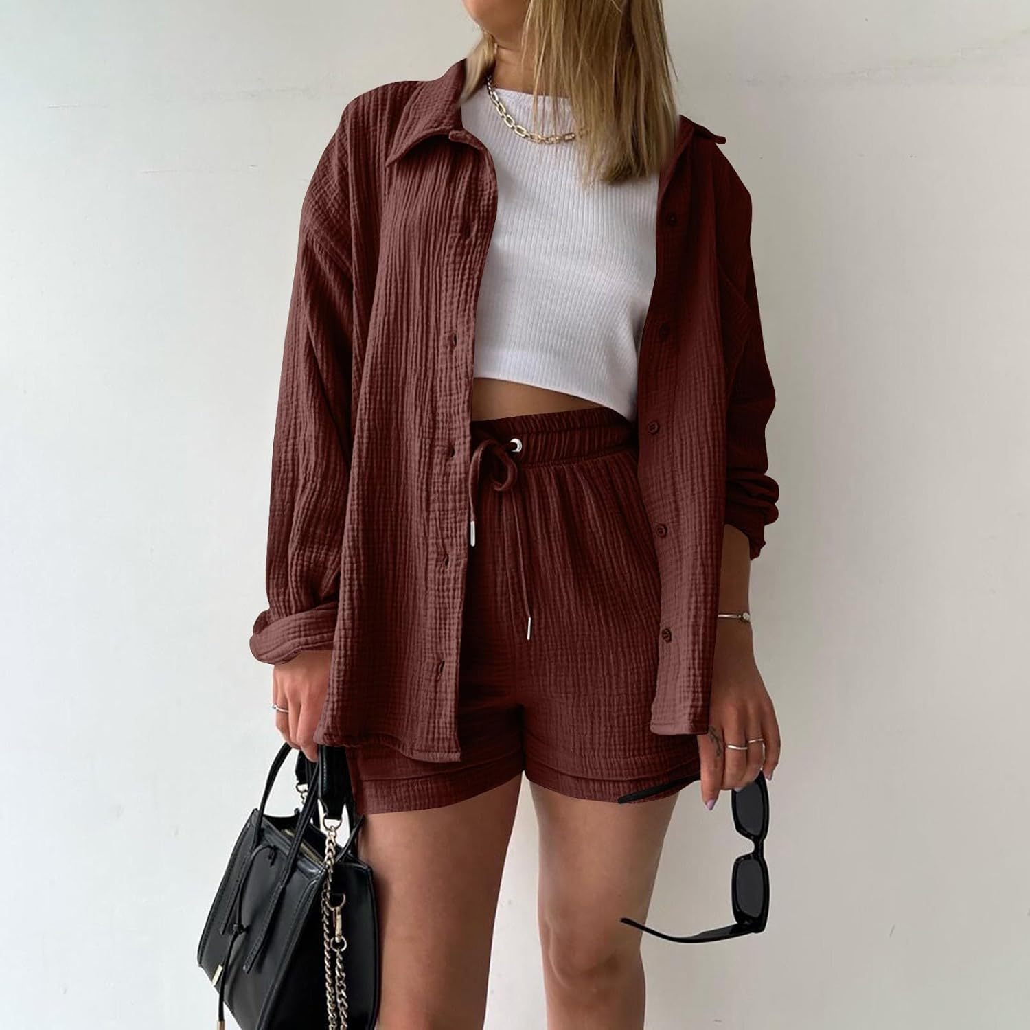 Two Piece Women's Elegant Summer Muslin Blouse Shirt and Shorts Clothes Aesthetic Two Piece Lounge Set Beach Outfit Set Two Piece Set Women Fashion Lightweight Outfits Clothing 2-Piece Set Y2k Clothes