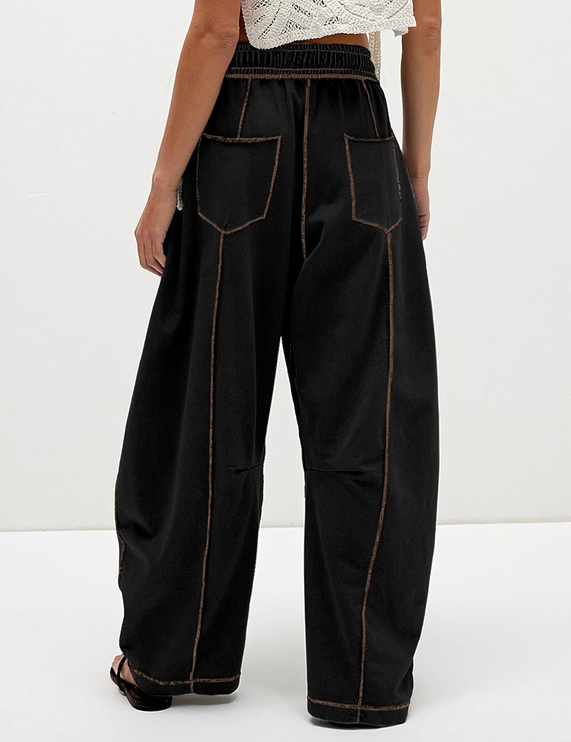 Womens Baggy Barrel Pants Wide Leg Lounge Drawstring Sweatpants with Pockets