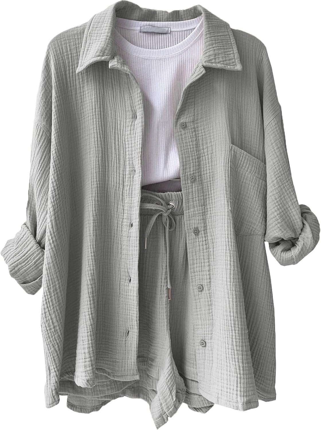 Two Piece Women's Elegant Summer Muslin Blouse Shirt and Shorts Clothes Aesthetic Two Piece Lounge Set Beach Outfit Set Two Piece Set Women Fashion Lightweight Outfits Clothing 2-Piece Set Y2k Clothes