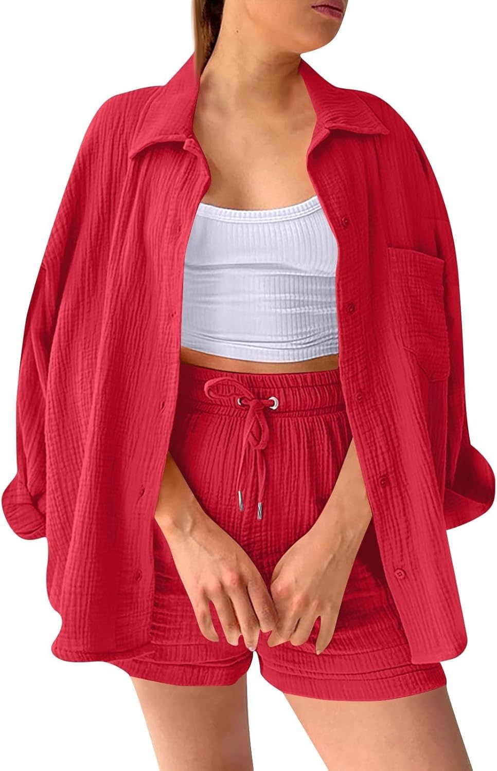 Two Piece Women's Elegant Summer Muslin Blouse Shirt and Shorts Clothes Aesthetic Two Piece Lounge Set Beach Outfit Set Two Piece Set Women Fashion Lightweight Outfits Clothing 2-Piece Set Y2k Clothes