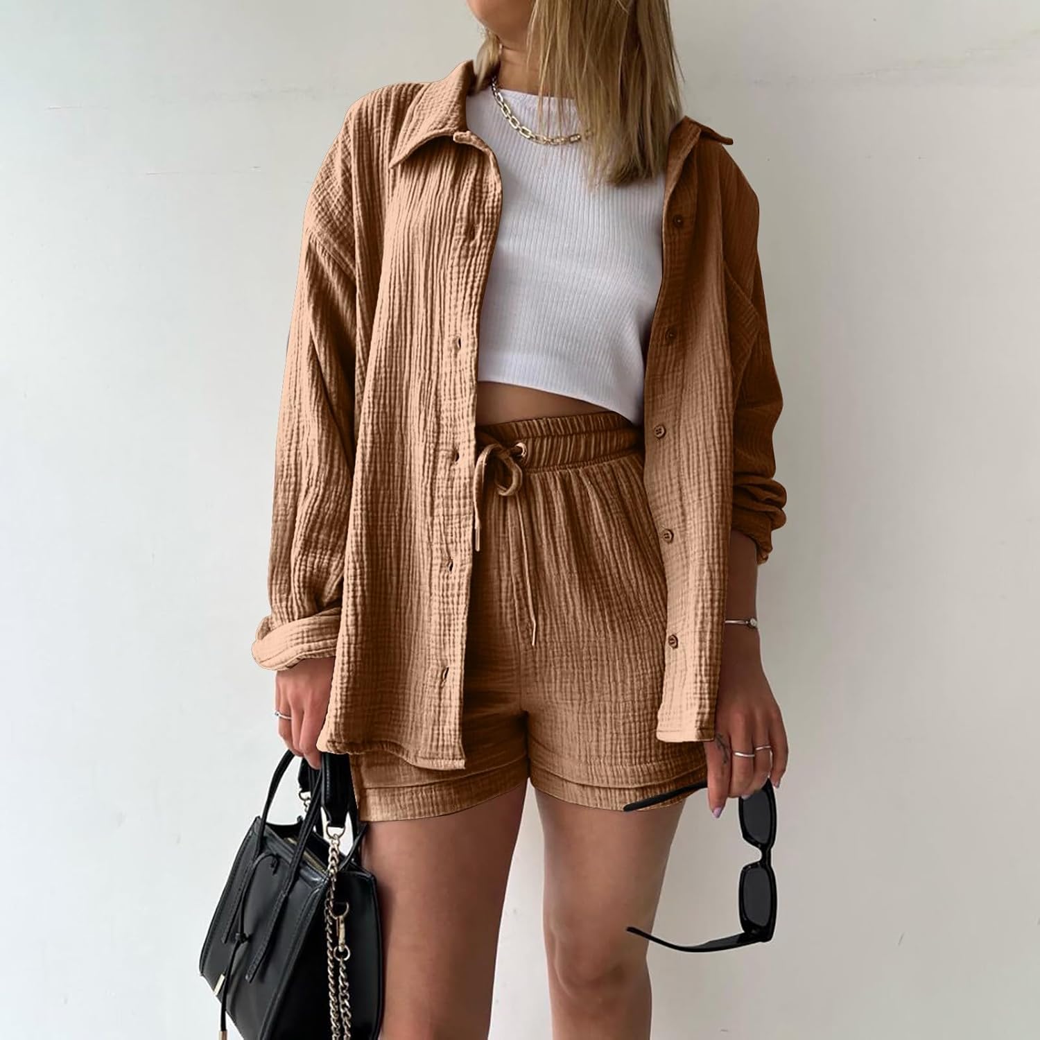 Two Piece Women's Elegant Summer Muslin Blouse Shirt and Shorts Clothes Aesthetic Two Piece Lounge Set Beach Outfit Set Two Piece Set Women Fashion Lightweight Outfits Clothing 2-Piece Set Y2k Clothes