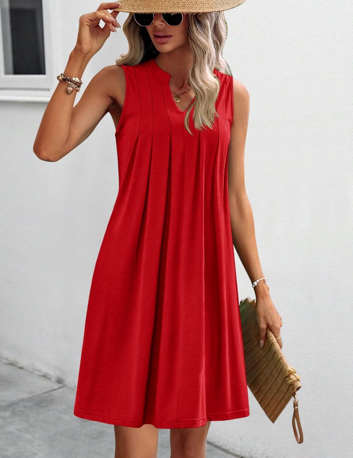 Women Casual A-Line Dress with Pockets 2025 Sleeveless V Neck Pleated Sundress Loose T-Shirt Work Office Dresses