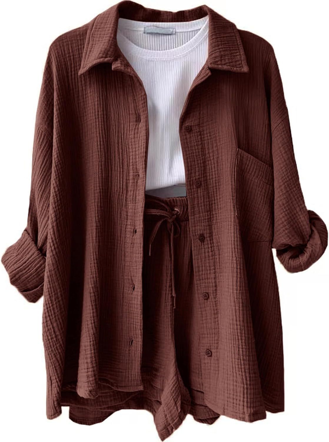 Two Piece Women's Elegant Summer Muslin Blouse Shirt and Shorts Clothes Aesthetic Two Piece Lounge Set Beach Outfit Set Two Piece Set Women Fashion Lightweight Outfits Clothing 2-Piece Set Y2k Clothes