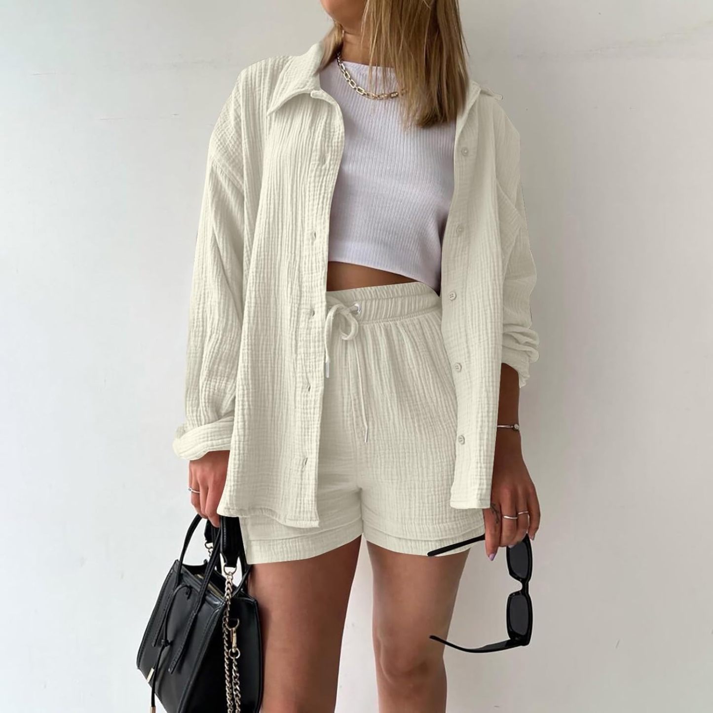 Two Piece Women's Elegant Summer Muslin Blouse Shirt and Shorts Clothes Aesthetic Two Piece Lounge Set Beach Outfit Set Two Piece Set Women Fashion Lightweight Outfits Clothing 2-Piece Set Y2k Clothes