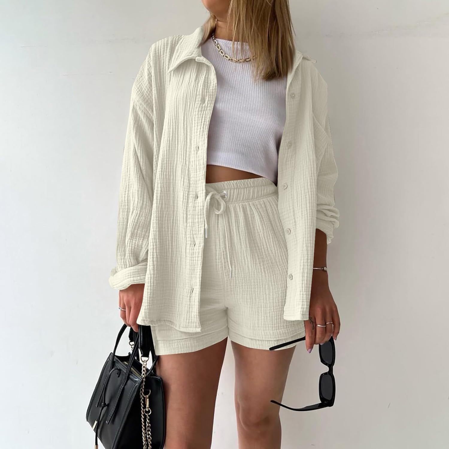 Two Piece Women's Elegant Summer Muslin Blouse Shirt and Shorts Clothes Aesthetic Two Piece Lounge Set Beach Outfit Set Two Piece Set Women Fashion Lightweight Outfits Clothing 2-Piece Set Y2k Clothes