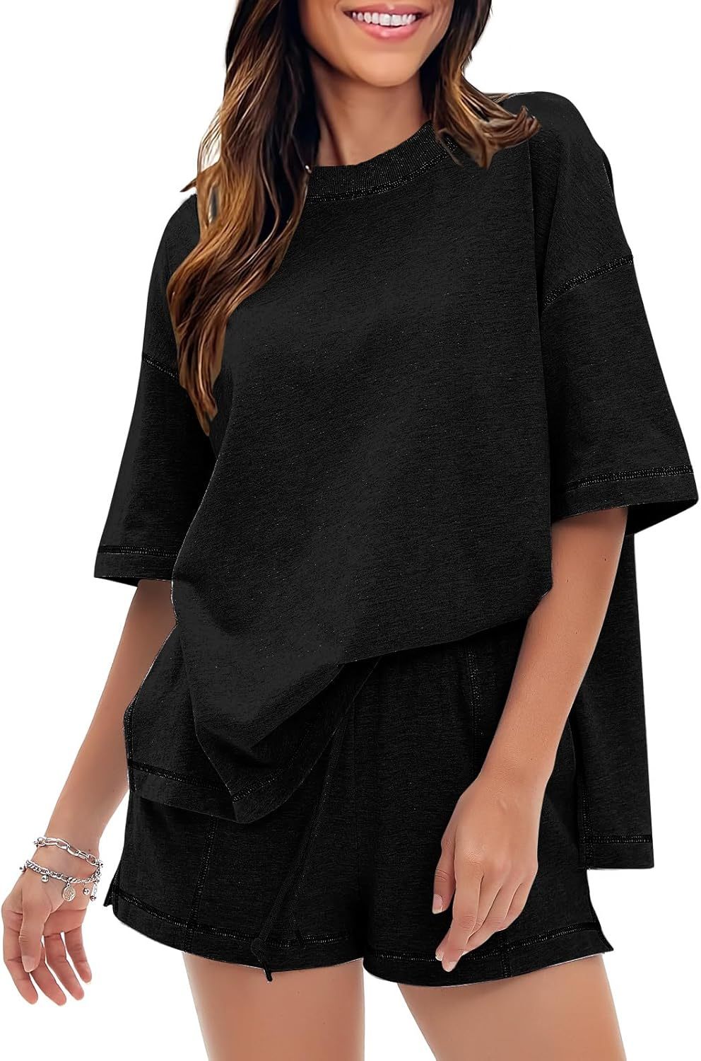 EXLURA Women's Casual Summer 2 Piece Sets 100% Cotton Short Sleeve Tshirt and Shorts Matching Sweatsuits Lounge Set 2026