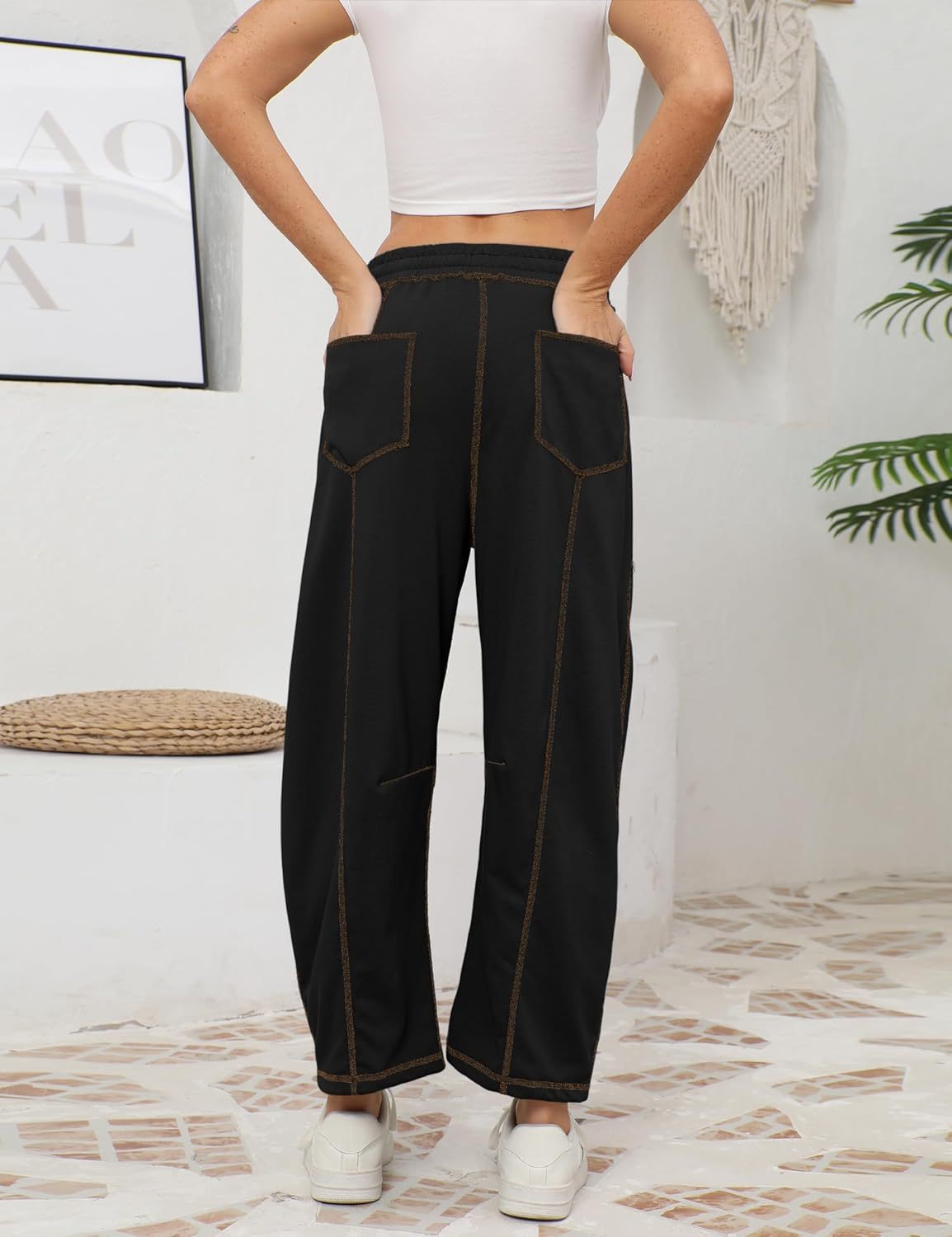 Womens Baggy Barrel Pants Wide Leg Lounge Drawstring Sweatpants with Pockets