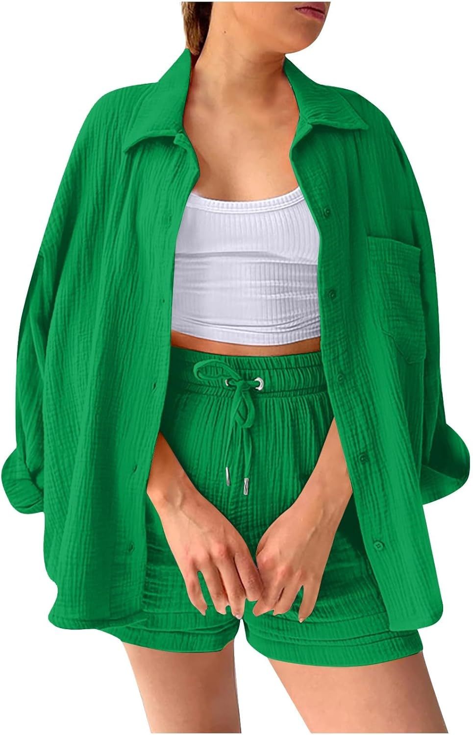 Two Piece Women's Elegant Summer Muslin Blouse Shirt and Shorts Clothes Aesthetic Two Piece Lounge Set Beach Outfit Set Two Piece Set Women Fashion Lightweight Outfits Clothing 2-Piece Set Y2k Clothes