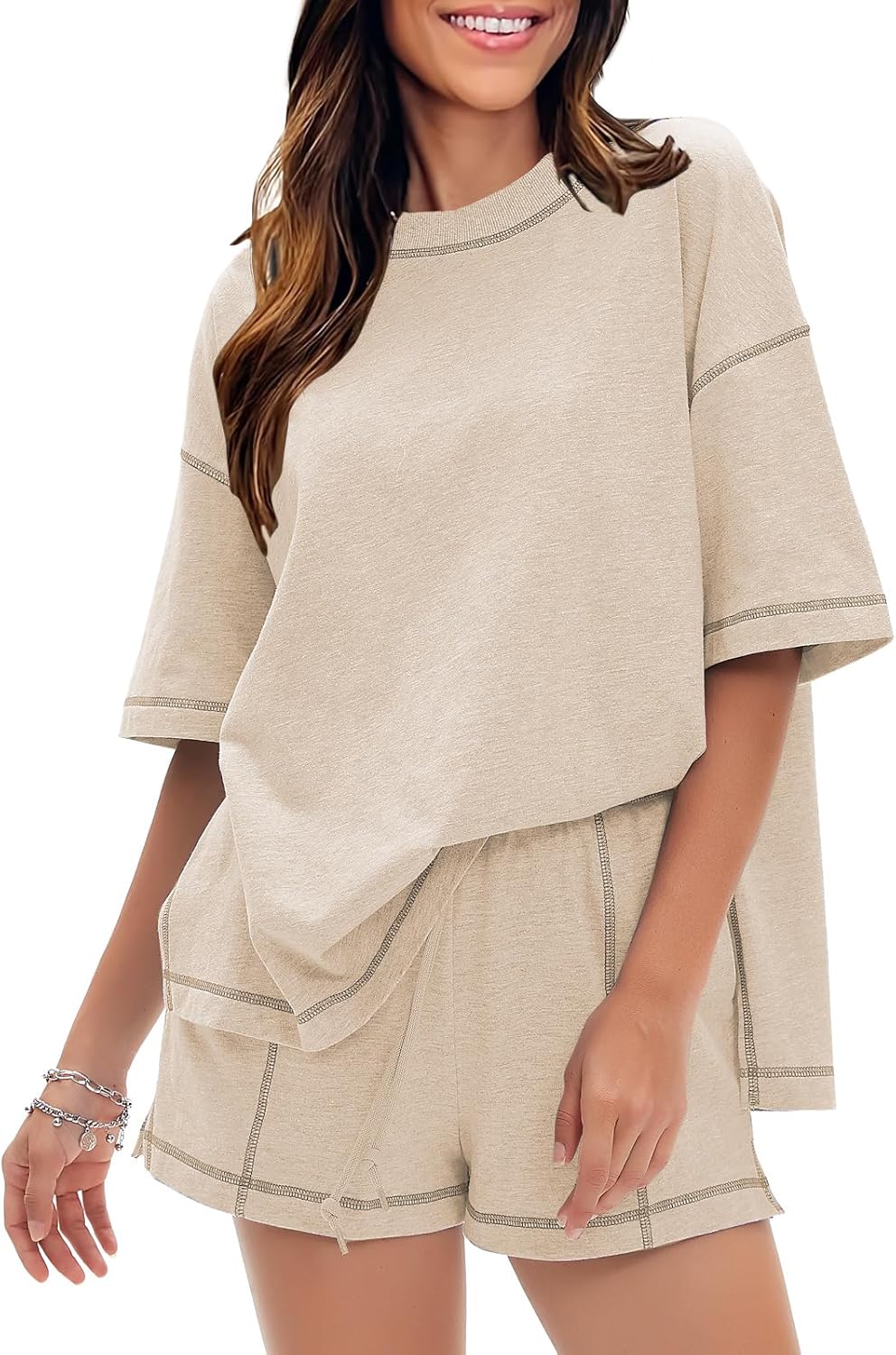 EXLURA Women's Casual Summer 2 Piece Sets 100% Cotton Short Sleeve Tshirt and Shorts Matching Sweatsuits Lounge Set 2026