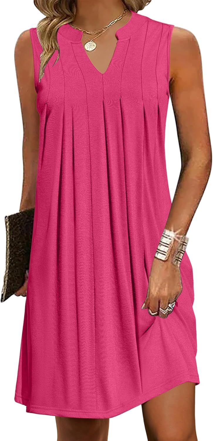 Women Casual A-Line Dress with Pockets 2025 Sleeveless V Neck Pleated Sundress Loose T-Shirt Work Office Dresses