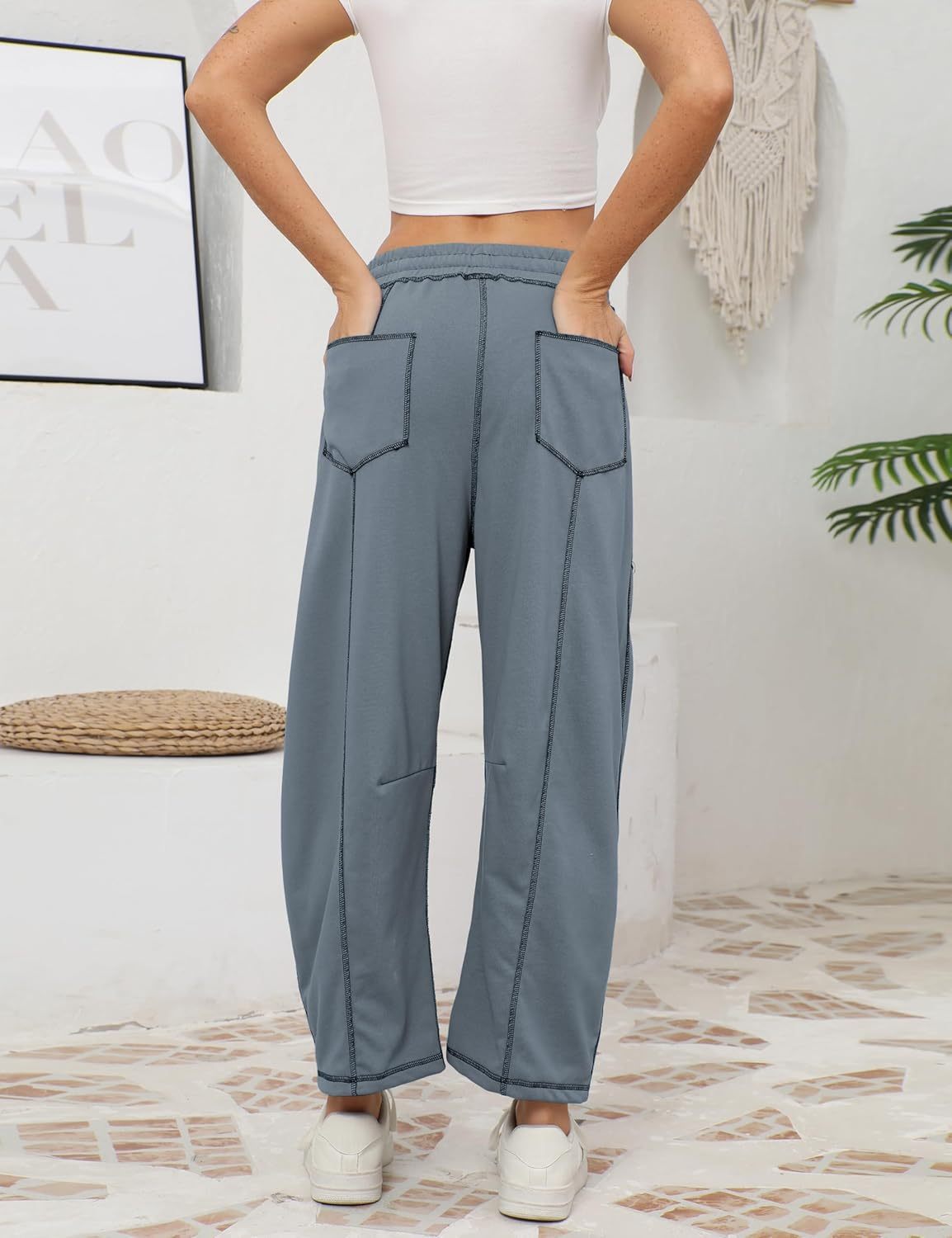 Womens Baggy Barrel Pants Wide Leg Lounge Drawstring Sweatpants with Pockets