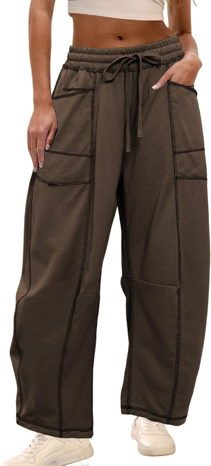 Womens Baggy Barrel Pants Wide Leg Lounge Drawstring Sweatpants with Pockets