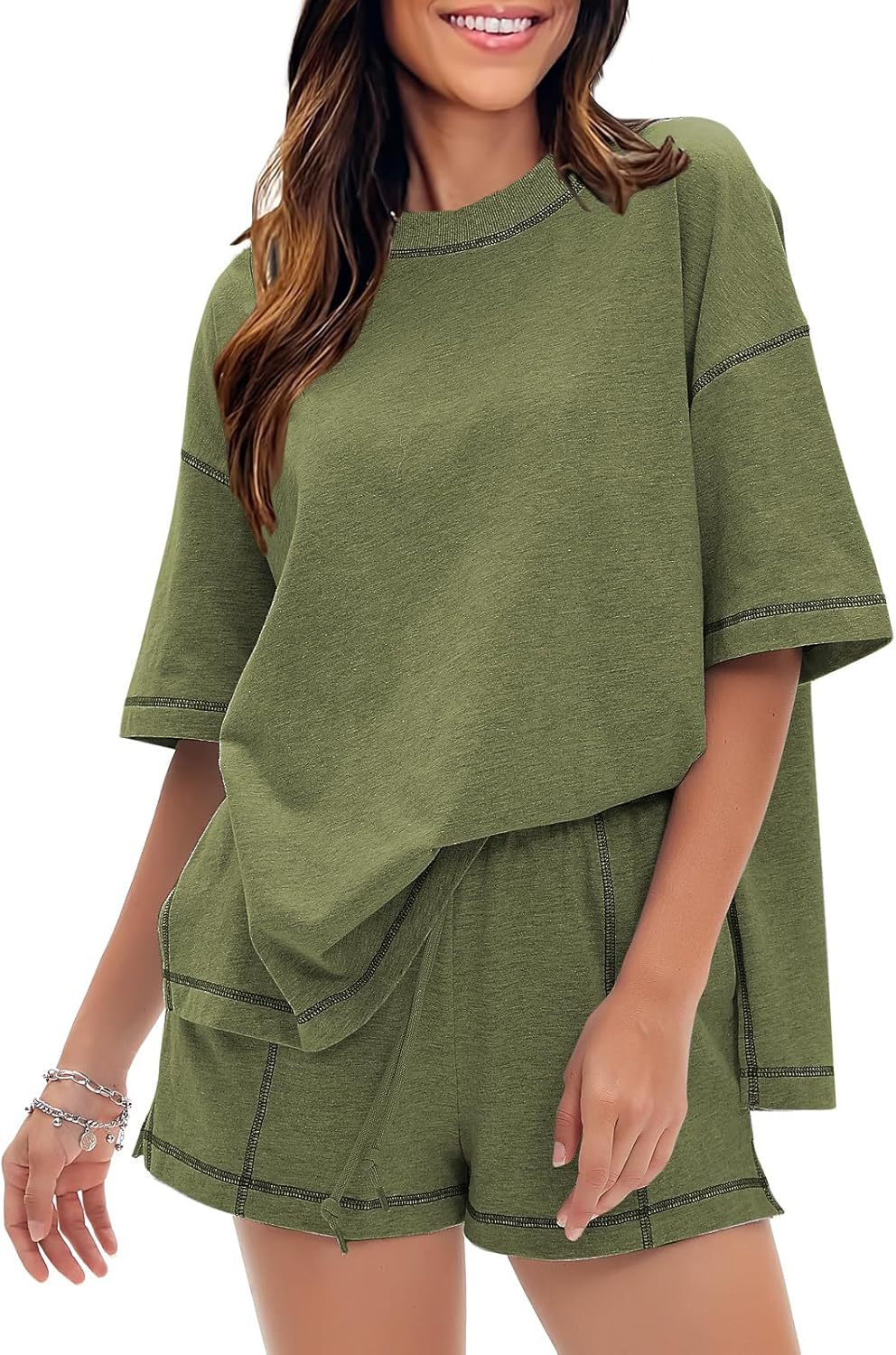 EXLURA Women's Casual Summer 2 Piece Sets 100% Cotton Short Sleeve Tshirt and Shorts Matching Sweatsuits Lounge Set 2026