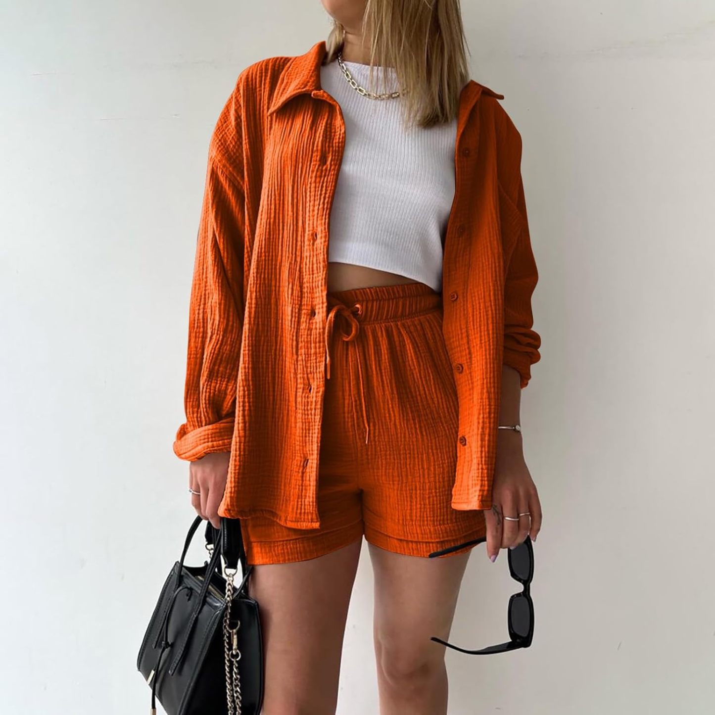 Two Piece Women's Elegant Summer Muslin Blouse Shirt and Shorts Clothes Aesthetic Two Piece Lounge Set Beach Outfit Set Two Piece Set Women Fashion Lightweight Outfits Clothing 2-Piece Set Y2k Clothes
