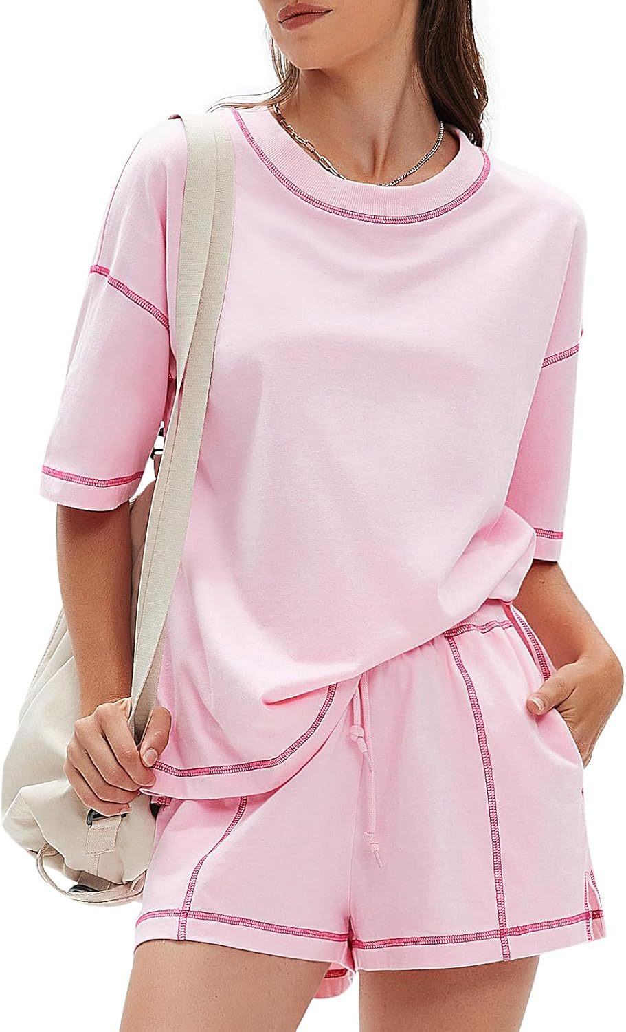 EXLURA Women's Casual Summer 2 Piece Sets 100% Cotton Short Sleeve Tshirt and Shorts Matching Sweatsuits Lounge Set 2026