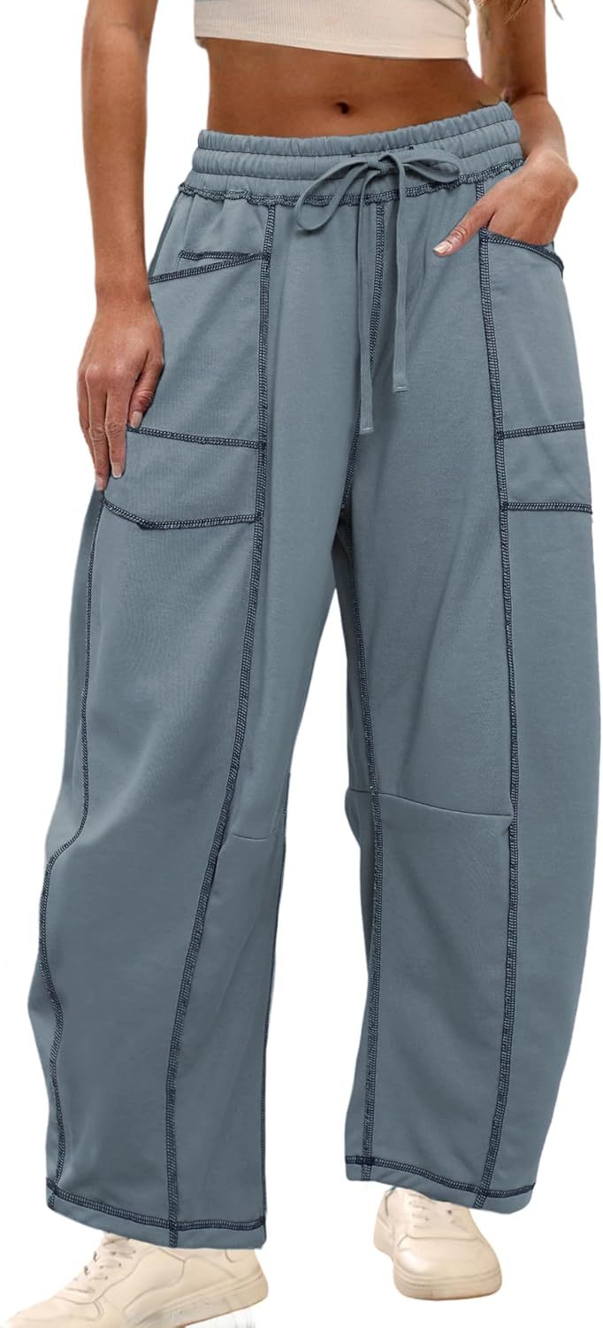 Womens Baggy Barrel Pants Wide Leg Lounge Drawstring Sweatpants with Pockets