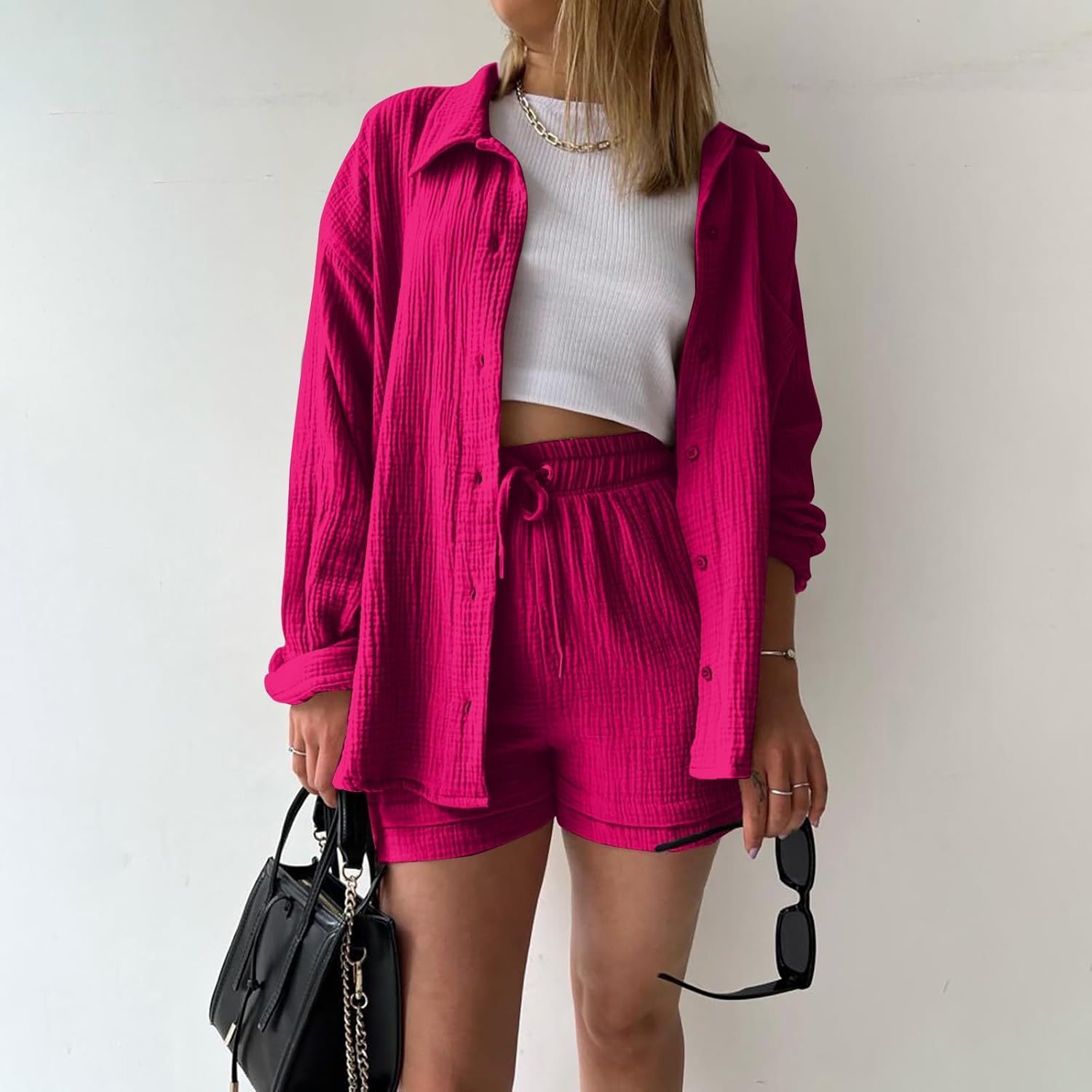 Two Piece Women's Elegant Summer Muslin Blouse Shirt and Shorts Clothes Aesthetic Two Piece Lounge Set Beach Outfit Set Two Piece Set Women Fashion Lightweight Outfits Clothing 2-Piece Set Y2k Clothes