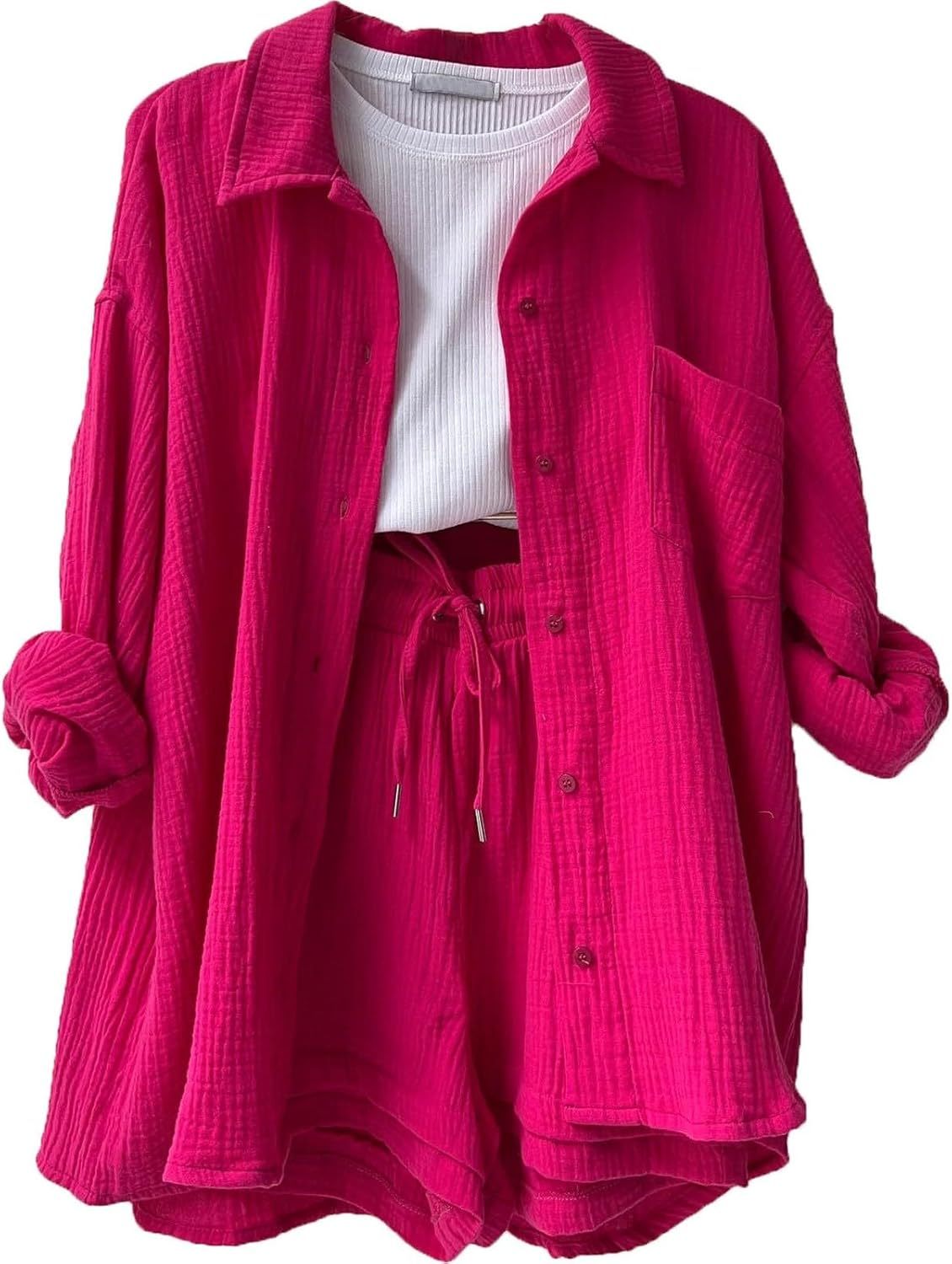 Two Piece Women's Elegant Summer Muslin Blouse Shirt and Shorts Clothes Aesthetic Two Piece Lounge Set Beach Outfit Set Two Piece Set Women Fashion Lightweight Outfits Clothing 2-Piece Set Y2k Clothes