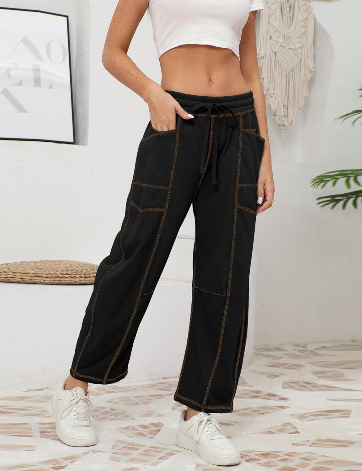 Womens Baggy Barrel Pants Wide Leg Lounge Drawstring Sweatpants with Pockets