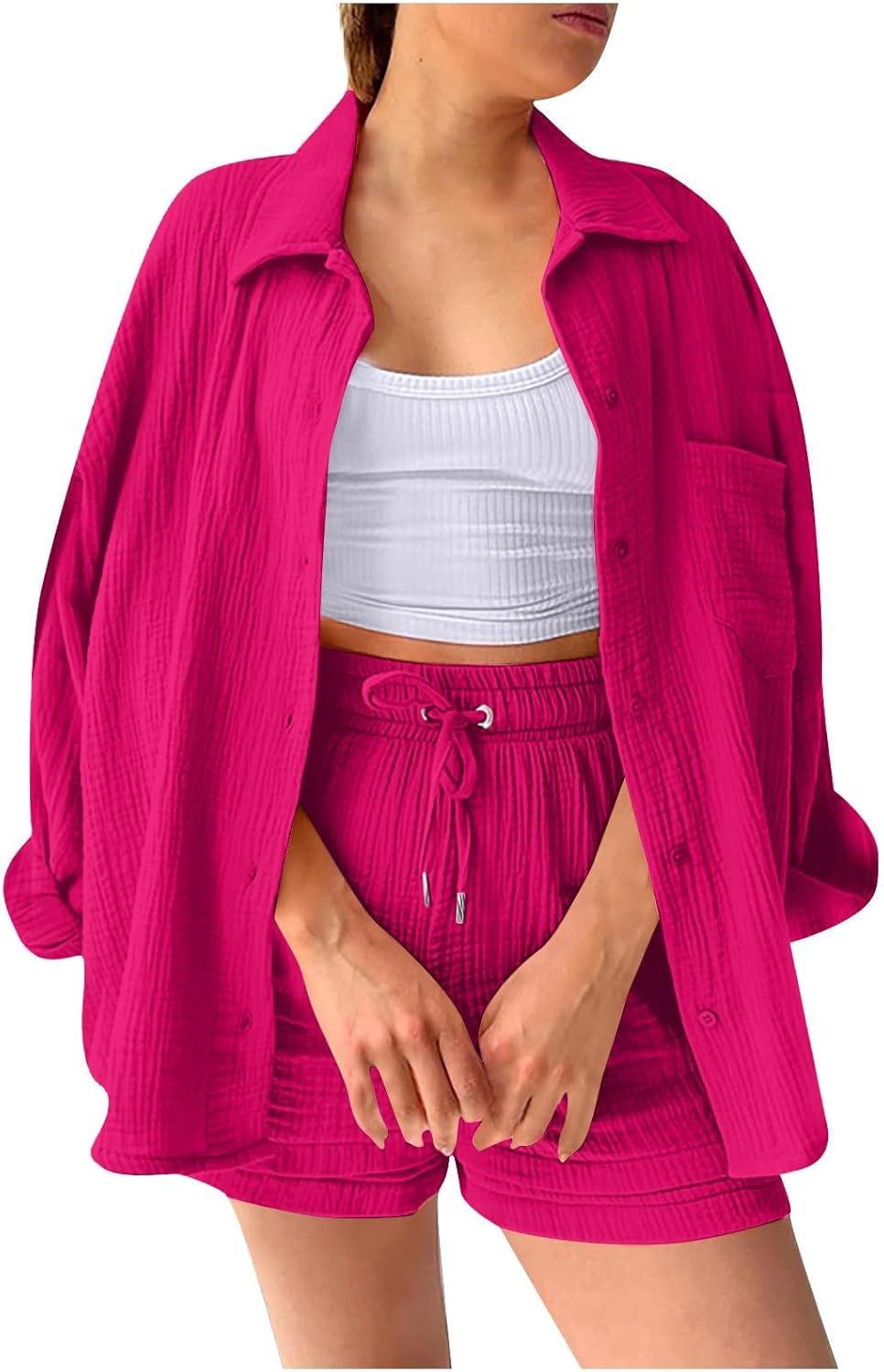 Two Piece Women's Elegant Summer Muslin Blouse Shirt and Shorts Clothes Aesthetic Two Piece Lounge Set Beach Outfit Set Two Piece Set Women Fashion Lightweight Outfits Clothing 2-Piece Set Y2k Clothes