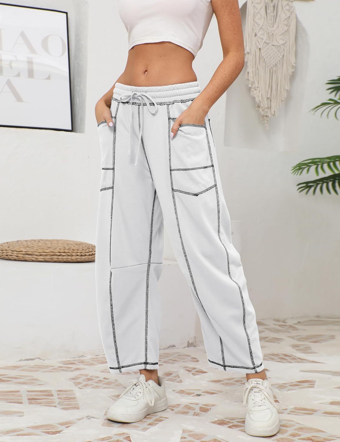 Womens Baggy Barrel Pants Wide Leg Lounge Drawstring Sweatpants with Pockets