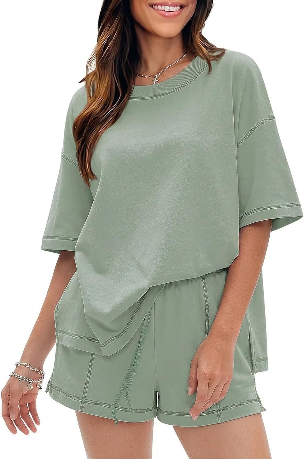 EXLURA Women's Casual Summer 2 Piece Sets 100% Cotton Short Sleeve Tshirt and Shorts Matching Sweatsuits Lounge Set 2026