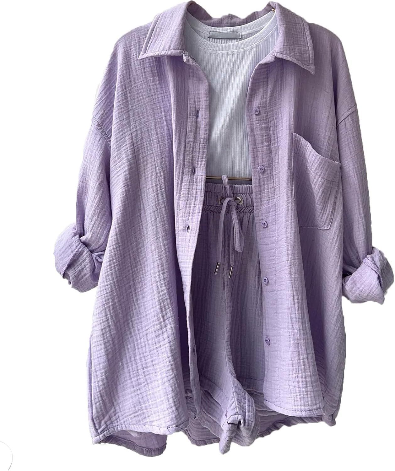 Two Piece Women's Elegant Summer Muslin Blouse Shirt and Shorts Clothes Aesthetic Two Piece Lounge Set Beach Outfit Set Two Piece Set Women Fashion Lightweight Outfits Clothing 2-Piece Set Y2k Clothes