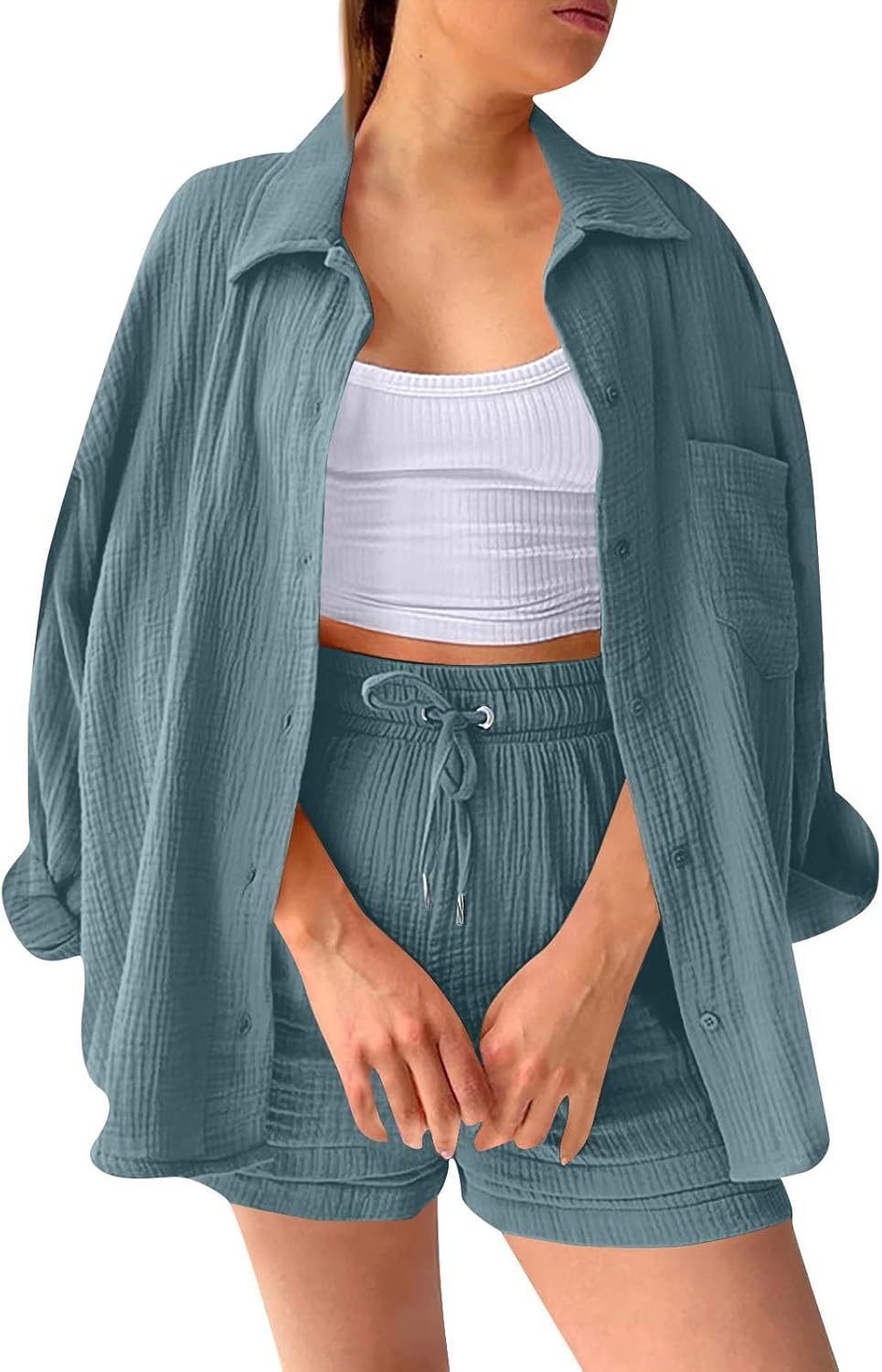 Two Piece Women's Elegant Summer Muslin Blouse Shirt and Shorts Clothes Aesthetic Two Piece Lounge Set Beach Outfit Set Two Piece Set Women Fashion Lightweight Outfits Clothing 2-Piece Set Y2k Clothes