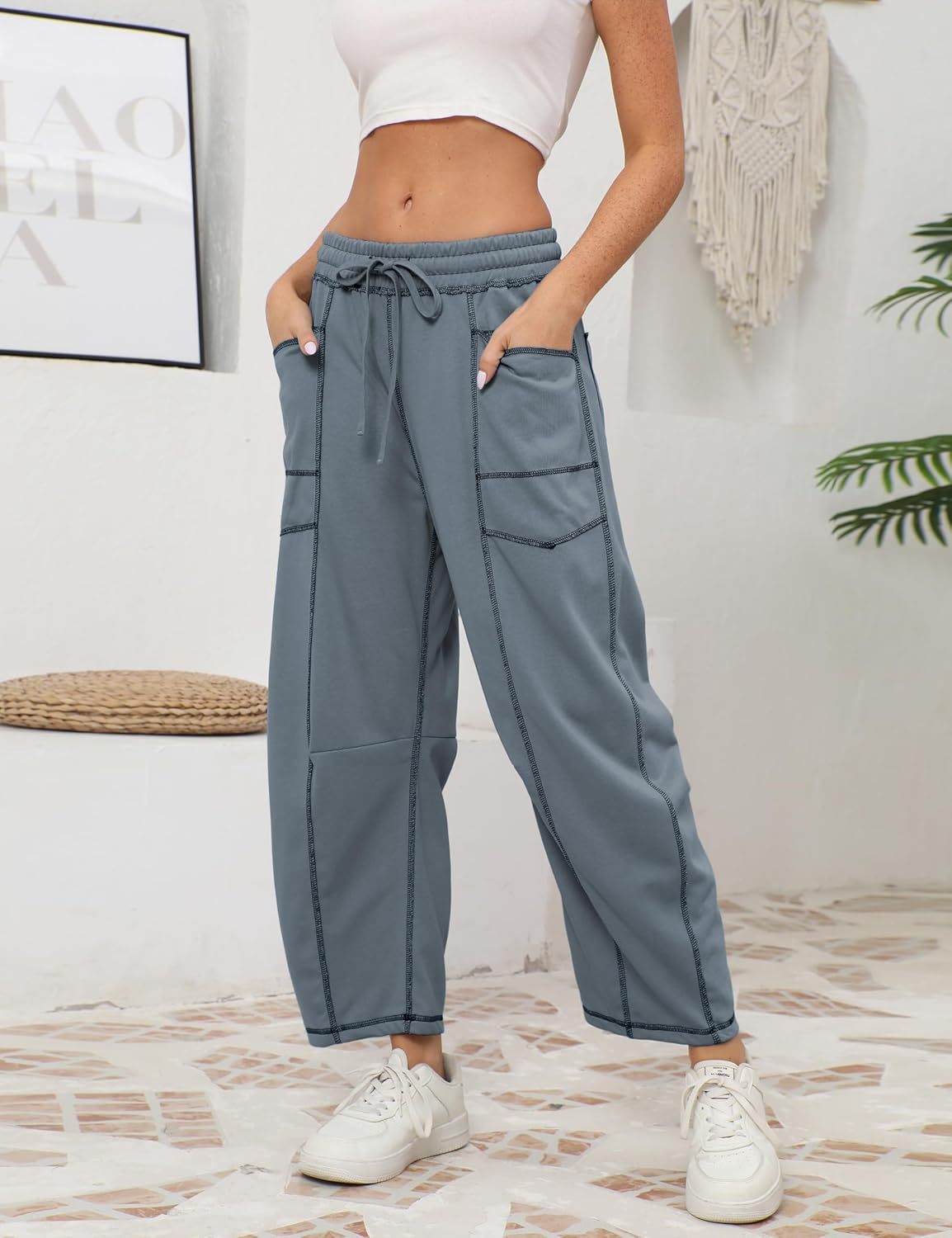 Womens Baggy Barrel Pants Wide Leg Lounge Drawstring Sweatpants with Pockets