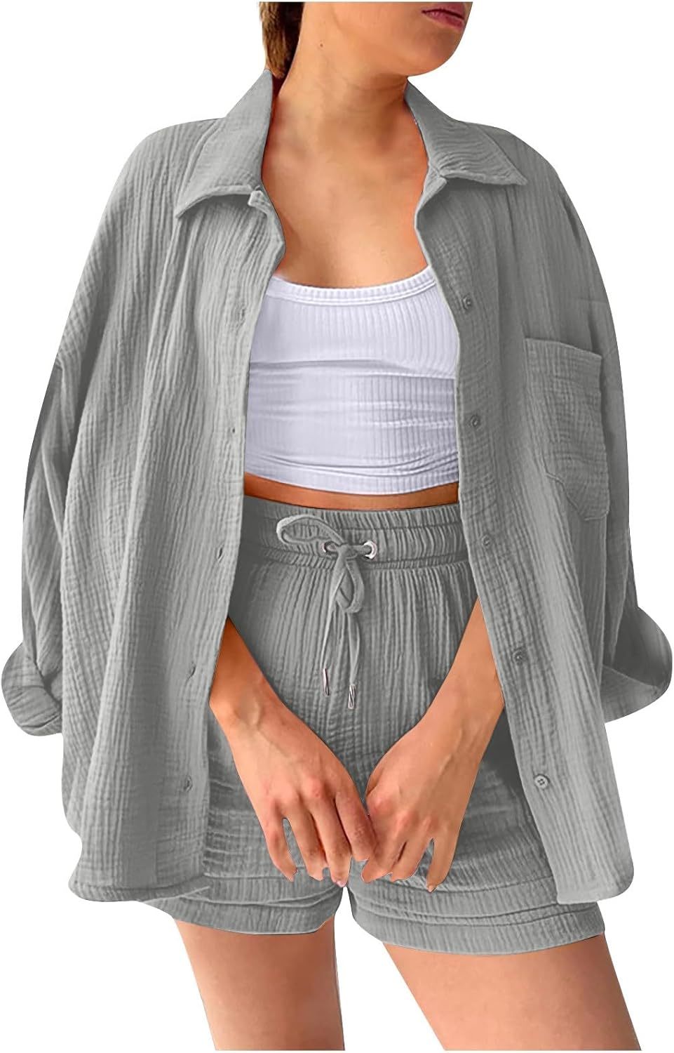 Two Piece Women's Elegant Summer Muslin Blouse Shirt and Shorts Clothes Aesthetic Two Piece Lounge Set Beach Outfit Set Two Piece Set Women Fashion Lightweight Outfits Clothing 2-Piece Set Y2k Clothes