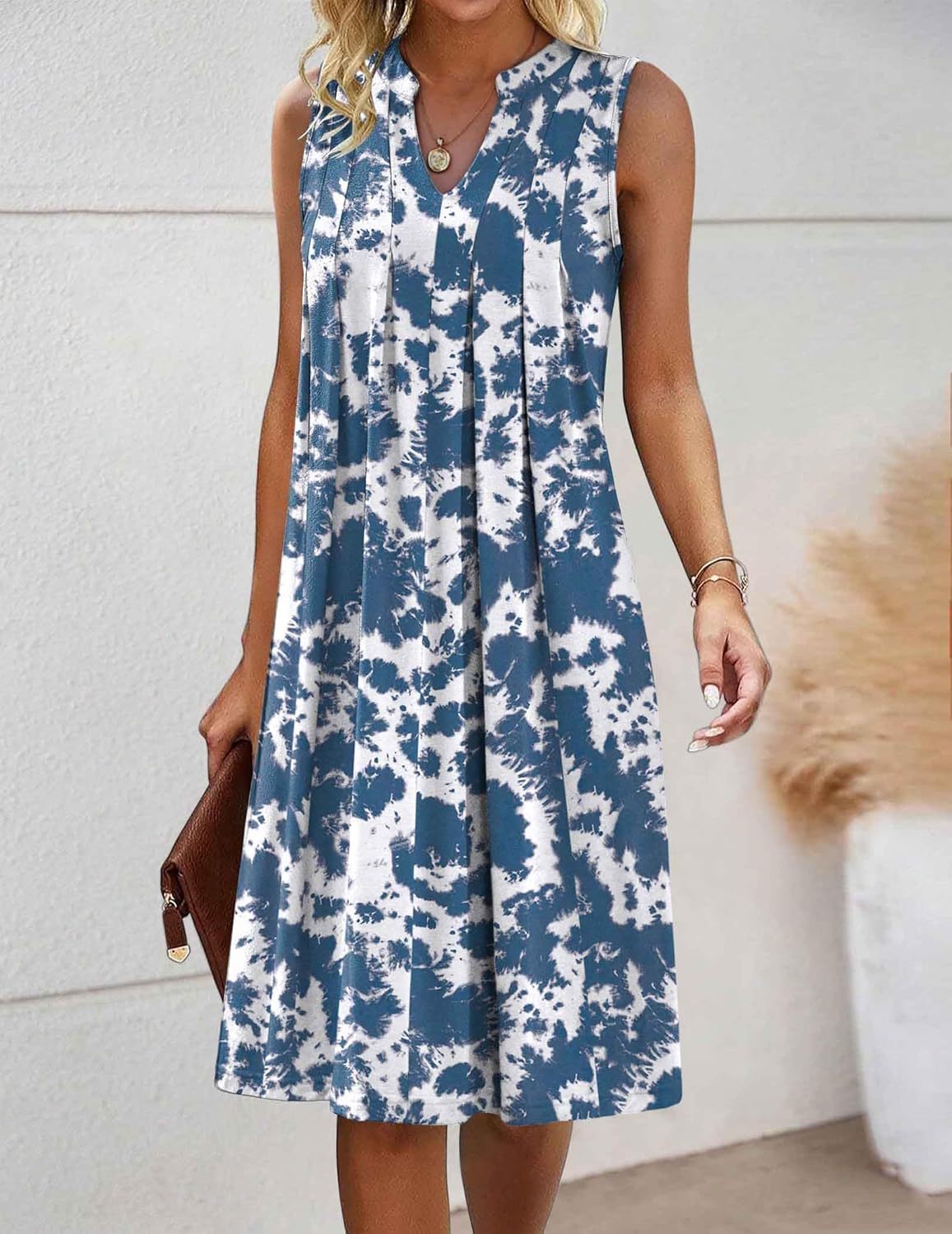 Women Casual A-Line Dress with Pockets 2025 Sleeveless V Neck Pleated Sundress Loose T-Shirt Work Office Dresses