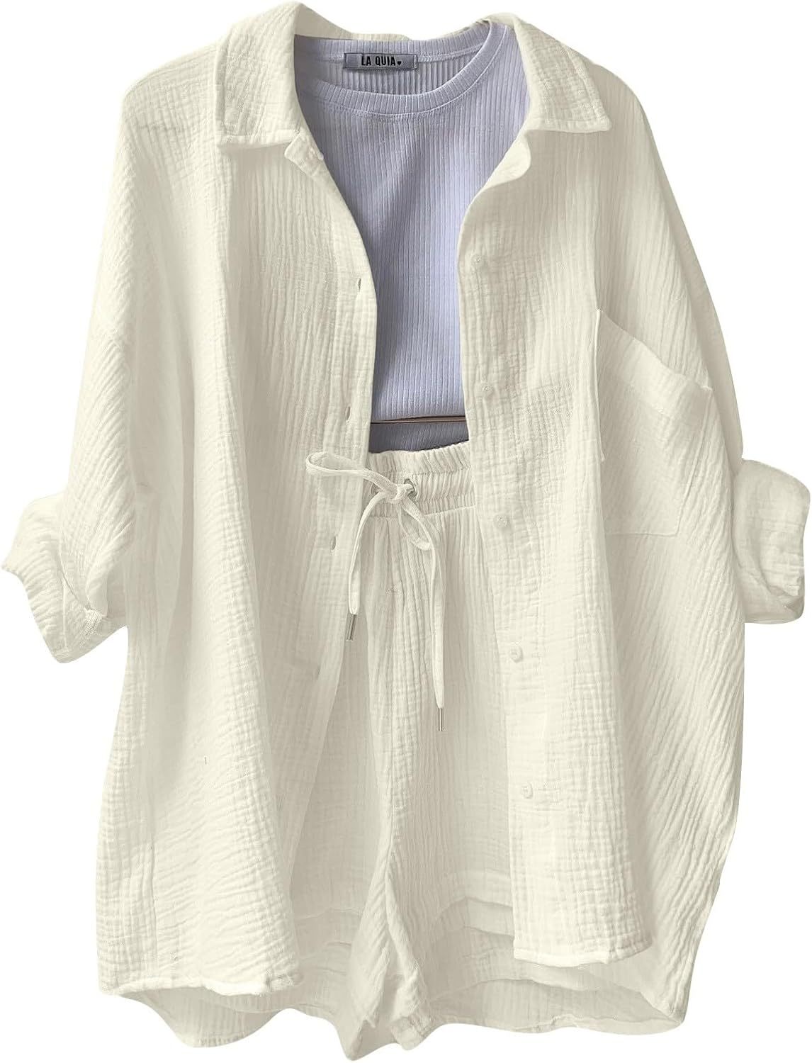 Two Piece Women's Elegant Summer Muslin Blouse Shirt and Shorts Clothes Aesthetic Two Piece Lounge Set Beach Outfit Set Two Piece Set Women Fashion Lightweight Outfits Clothing 2-Piece Set Y2k Clothes