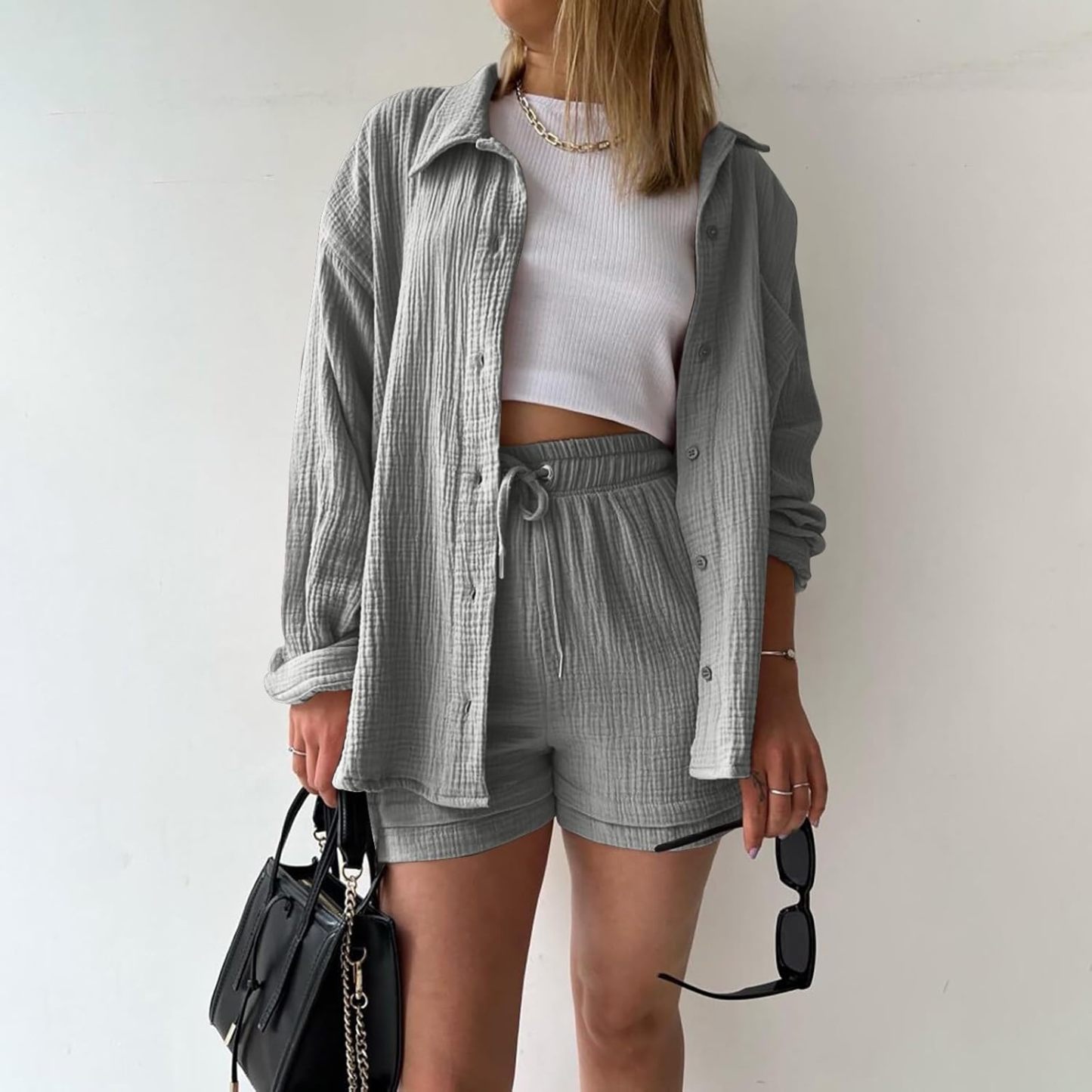 Two Piece Women's Elegant Summer Muslin Blouse Shirt and Shorts Clothes Aesthetic Two Piece Lounge Set Beach Outfit Set Two Piece Set Women Fashion Lightweight Outfits Clothing 2-Piece Set Y2k Clothes