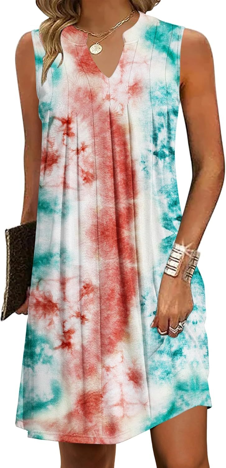 Women Casual A-Line Dress with Pockets 2025 Sleeveless V Neck Pleated Sundress Loose T-Shirt Work Office Dresses