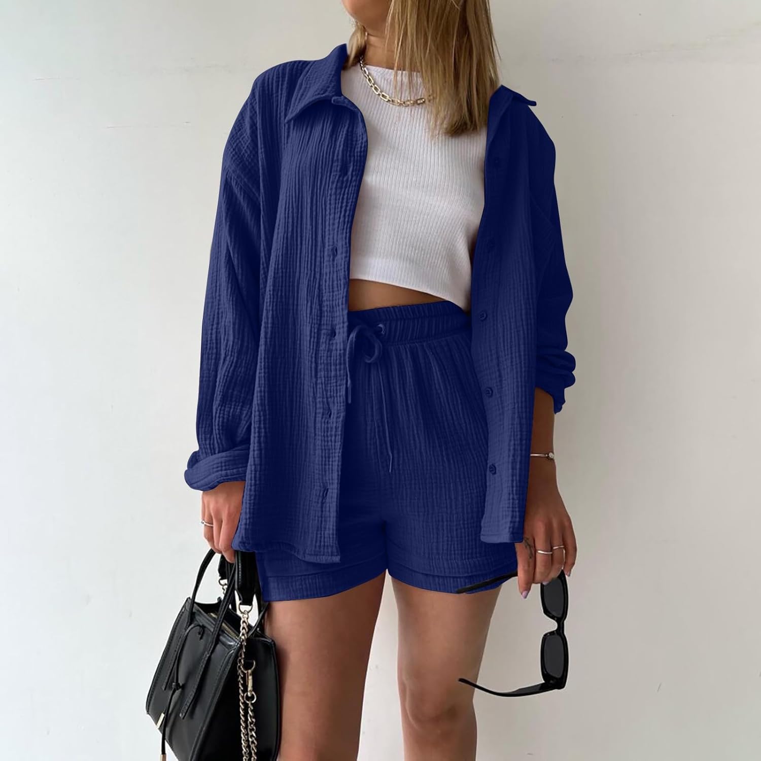 Two Piece Women's Elegant Summer Muslin Blouse Shirt and Shorts Clothes Aesthetic Two Piece Lounge Set Beach Outfit Set Two Piece Set Women Fashion Lightweight Outfits Clothing 2-Piece Set Y2k Clothes