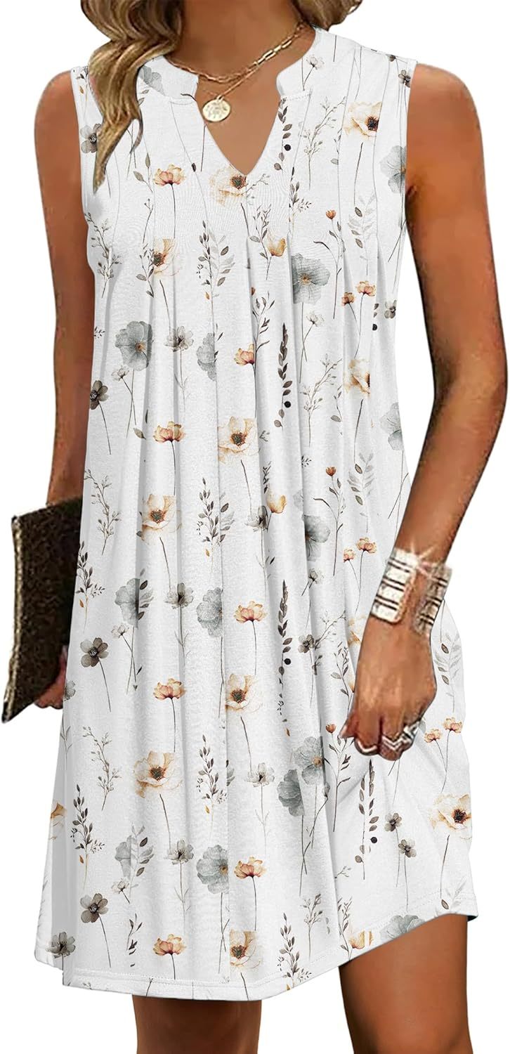 Women Casual A-Line Dress with Pockets 2025 Sleeveless V Neck Pleated Sundress Loose T-Shirt Work Office Dresses