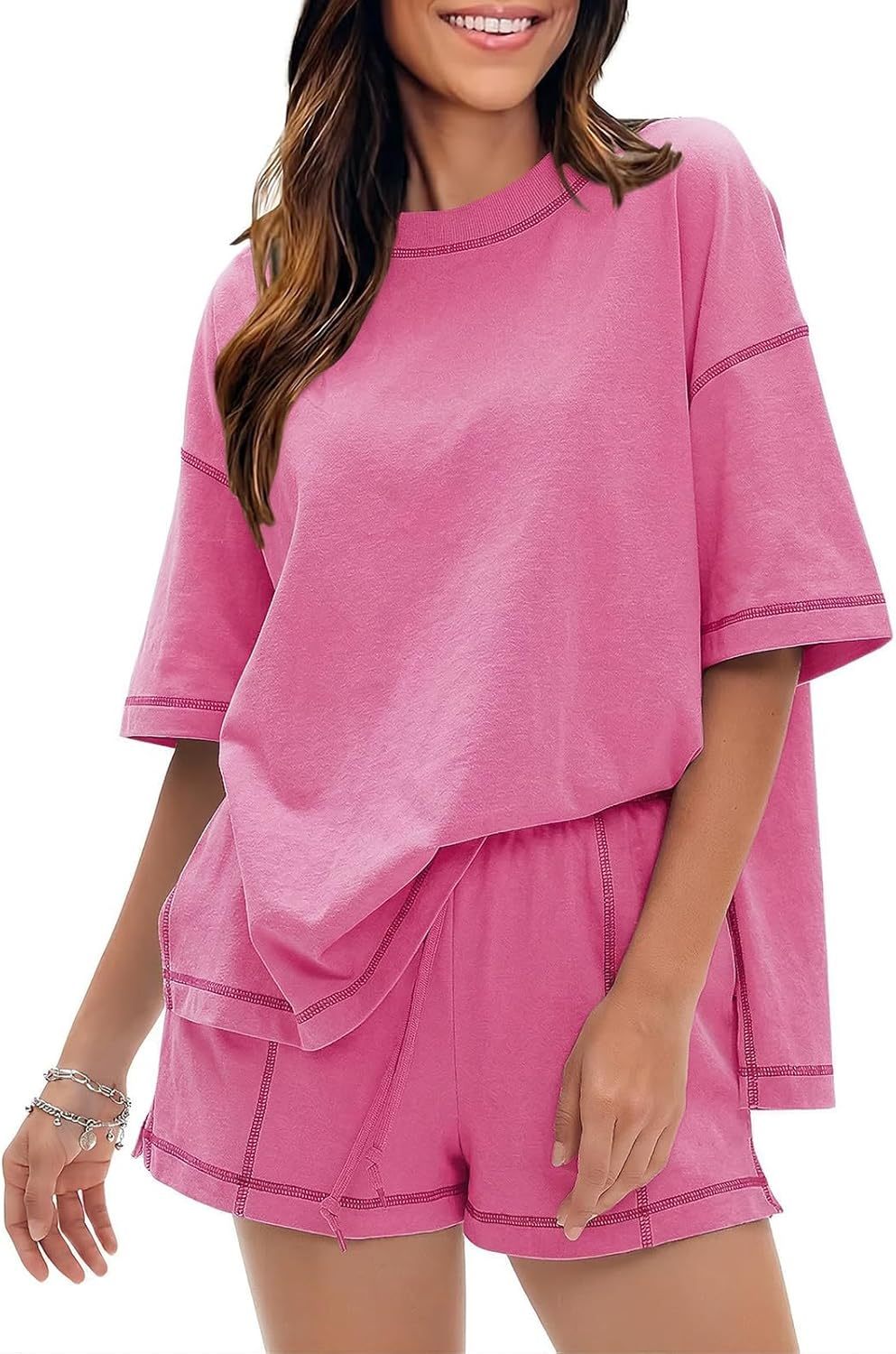 EXLURA Women's Casual Summer 2 Piece Sets 100% Cotton Short Sleeve Tshirt and Shorts Matching Sweatsuits Lounge Set 2026