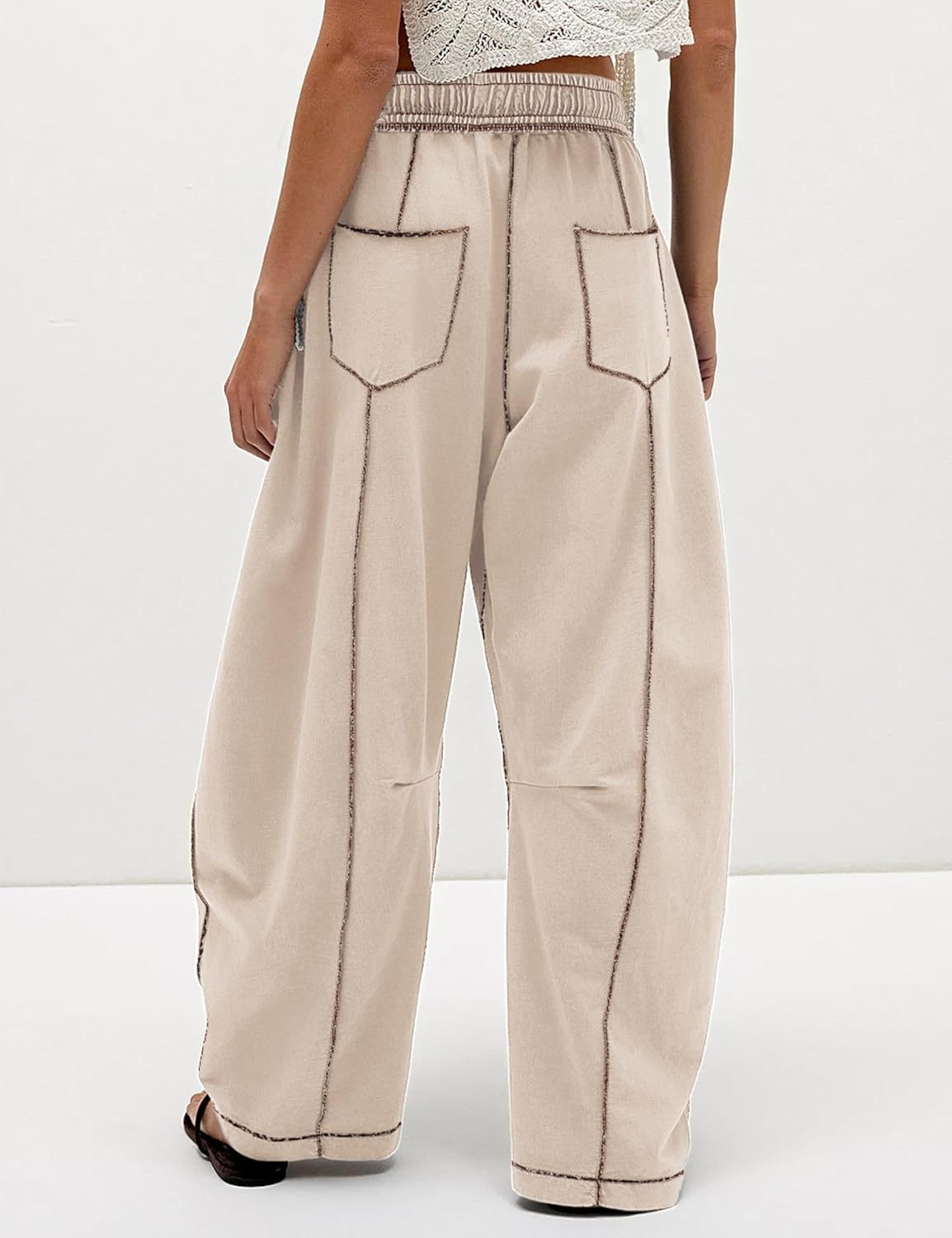 Womens Baggy Barrel Pants Wide Leg Lounge Drawstring Sweatpants with Pockets