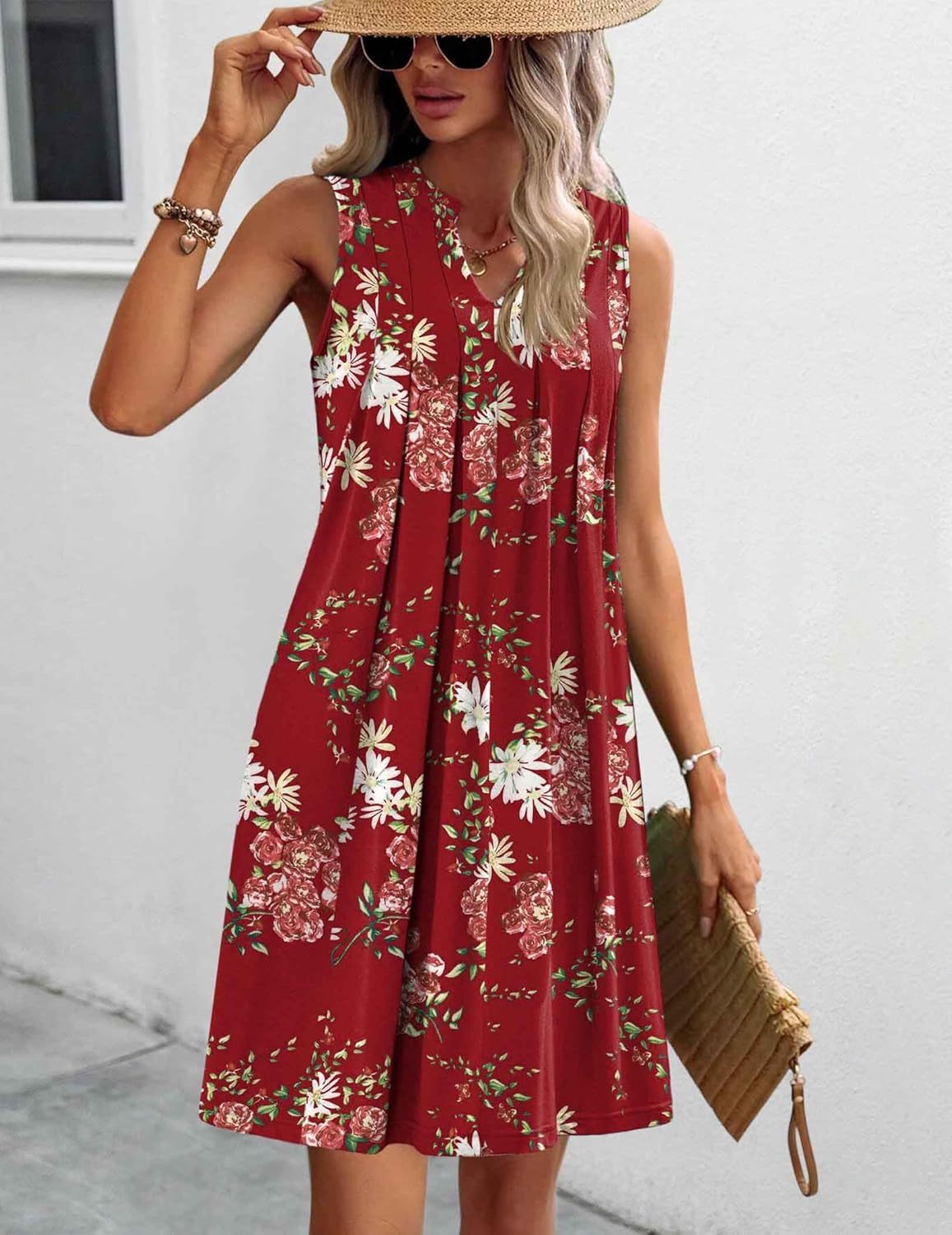 Women Casual A-Line Dress with Pockets 2025 Sleeveless V Neck Pleated Sundress Loose T-Shirt Work Office Dresses