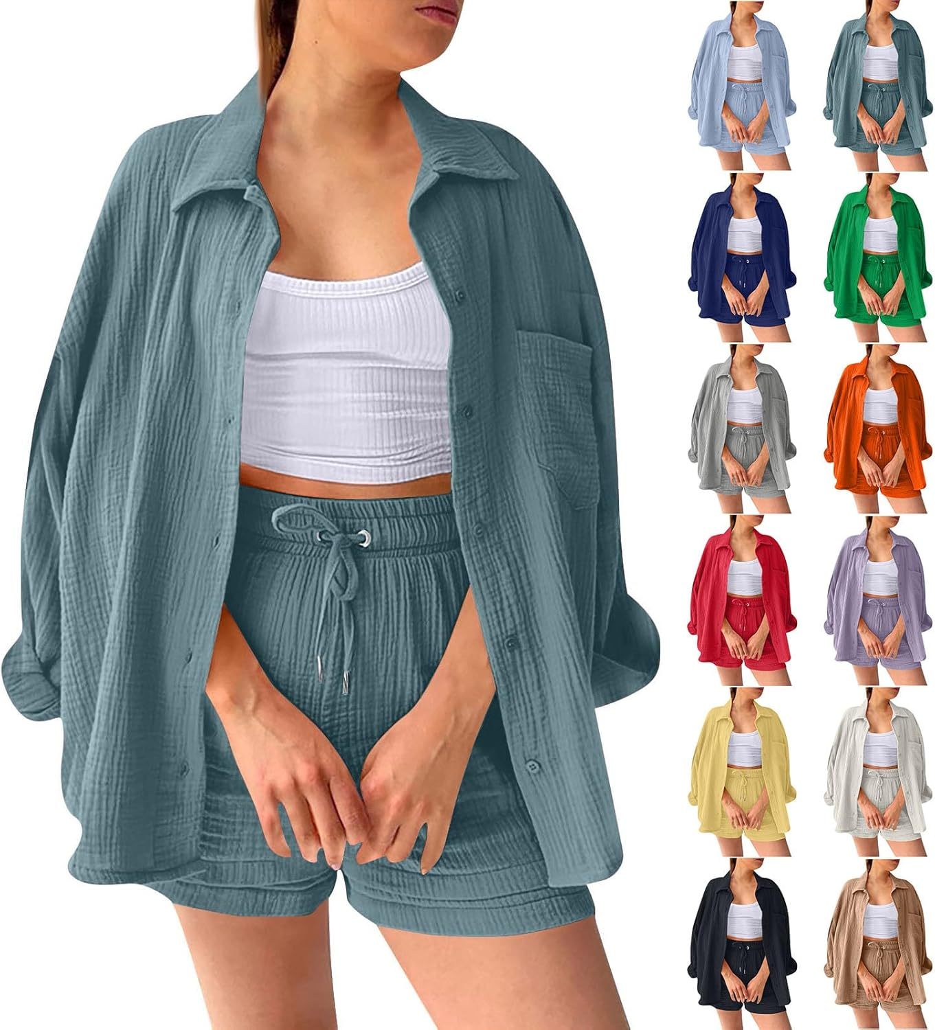 Two Piece Women's Elegant Summer Muslin Blouse Shirt and Shorts Clothes Aesthetic Two Piece Lounge Set Beach Outfit Set Two Piece Set Women Fashion Lightweight Outfits Clothing 2-Piece Set Y2k Clothes