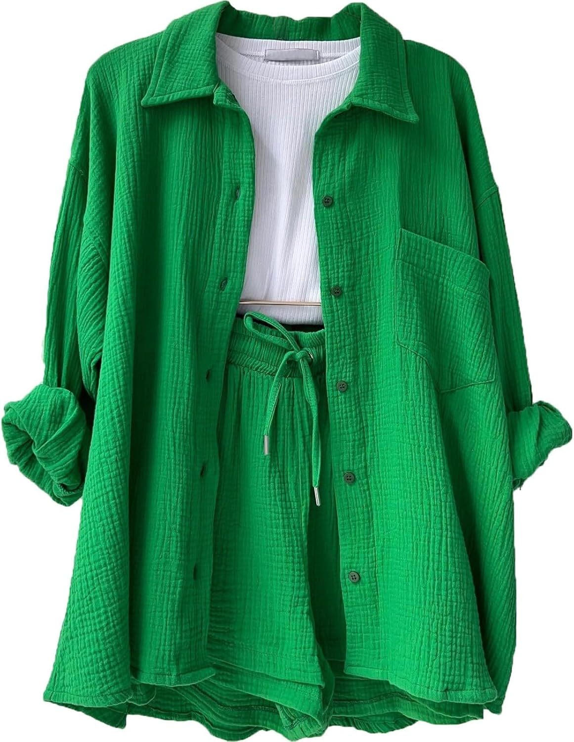 Two Piece Women's Elegant Summer Muslin Blouse Shirt and Shorts Clothes Aesthetic Two Piece Lounge Set Beach Outfit Set Two Piece Set Women Fashion Lightweight Outfits Clothing 2-Piece Set Y2k Clothes