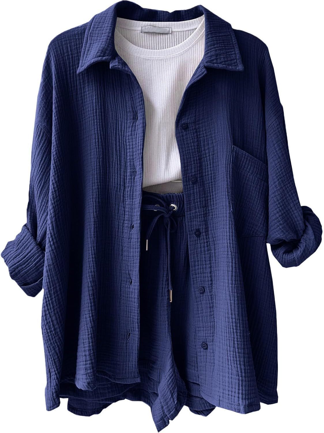 Two Piece Women's Elegant Summer Muslin Blouse Shirt and Shorts Clothes Aesthetic Two Piece Lounge Set Beach Outfit Set Two Piece Set Women Fashion Lightweight Outfits Clothing 2-Piece Set Y2k Clothes