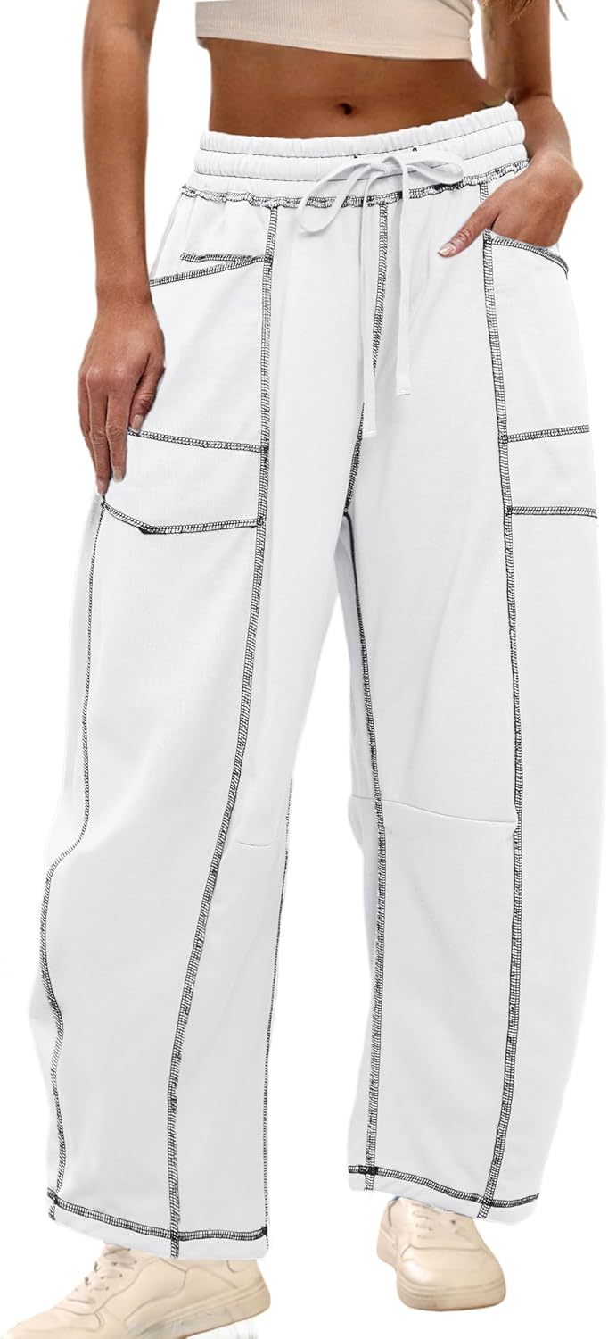 Womens Baggy Barrel Pants Wide Leg Lounge Drawstring Sweatpants with Pockets