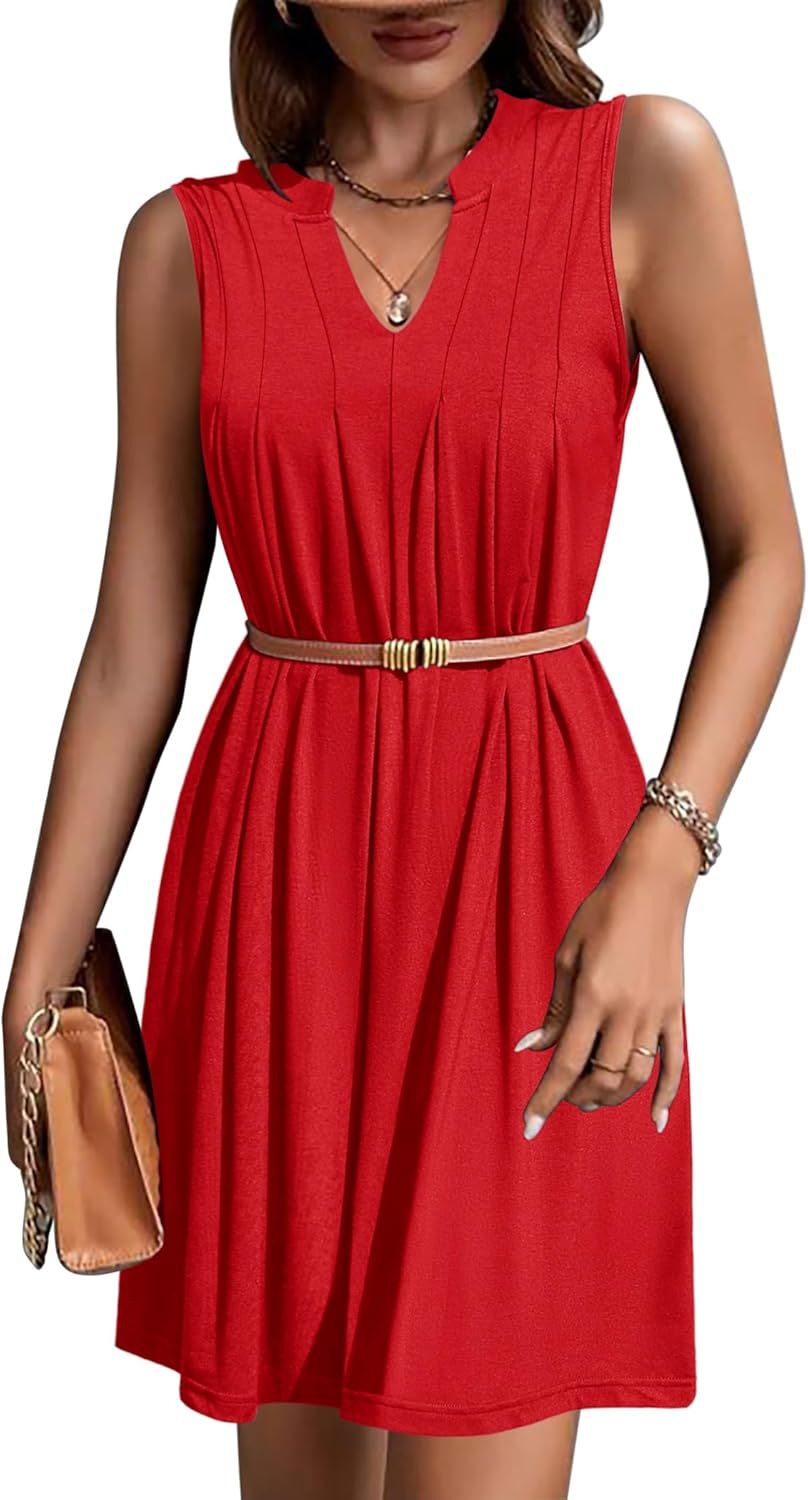 Women Casual A-Line Dress with Pockets 2025 Sleeveless V Neck Pleated Sundress Loose T-Shirt Work Office Dresses