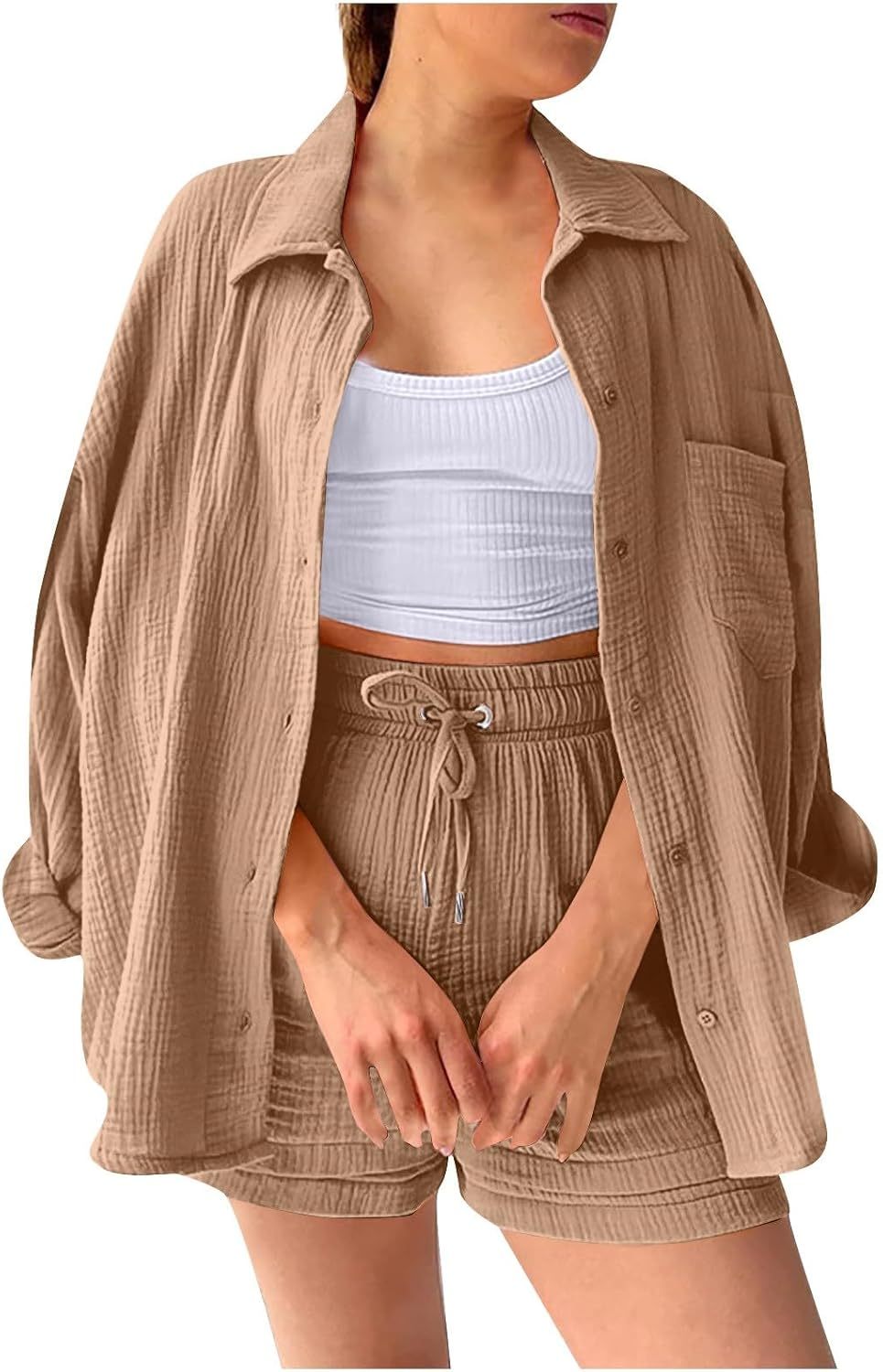 Two Piece Women's Elegant Summer Muslin Blouse Shirt and Shorts Clothes Aesthetic Two Piece Lounge Set Beach Outfit Set Two Piece Set Women Fashion Lightweight Outfits Clothing 2-Piece Set Y2k Clothes