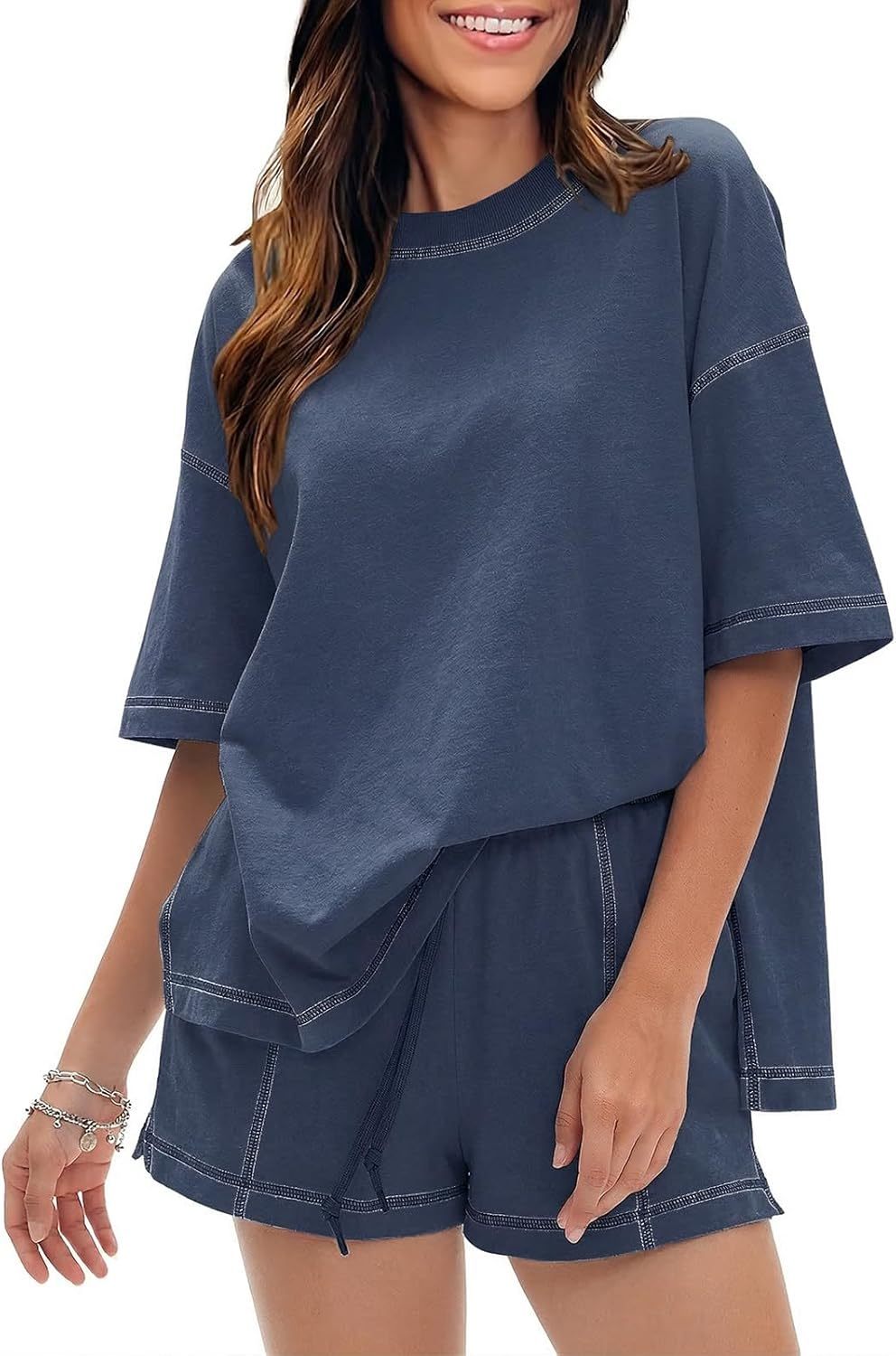 EXLURA Women's Casual Summer 2 Piece Sets 100% Cotton Short Sleeve Tshirt and Shorts Matching Sweatsuits Lounge Set 2026